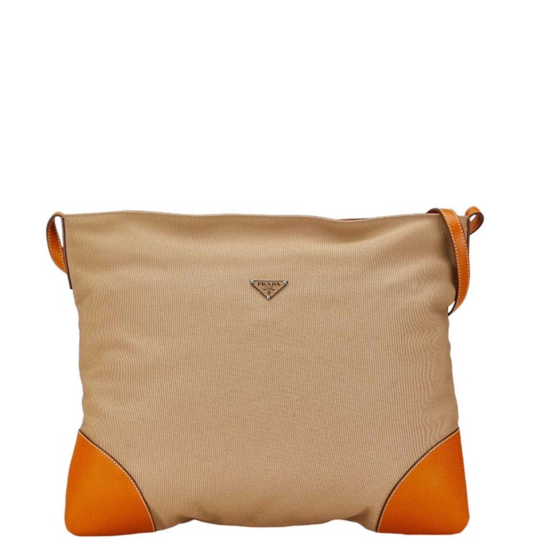 Prada Triangle Plate Shoulder Bag Beige Brown Canvas Leather