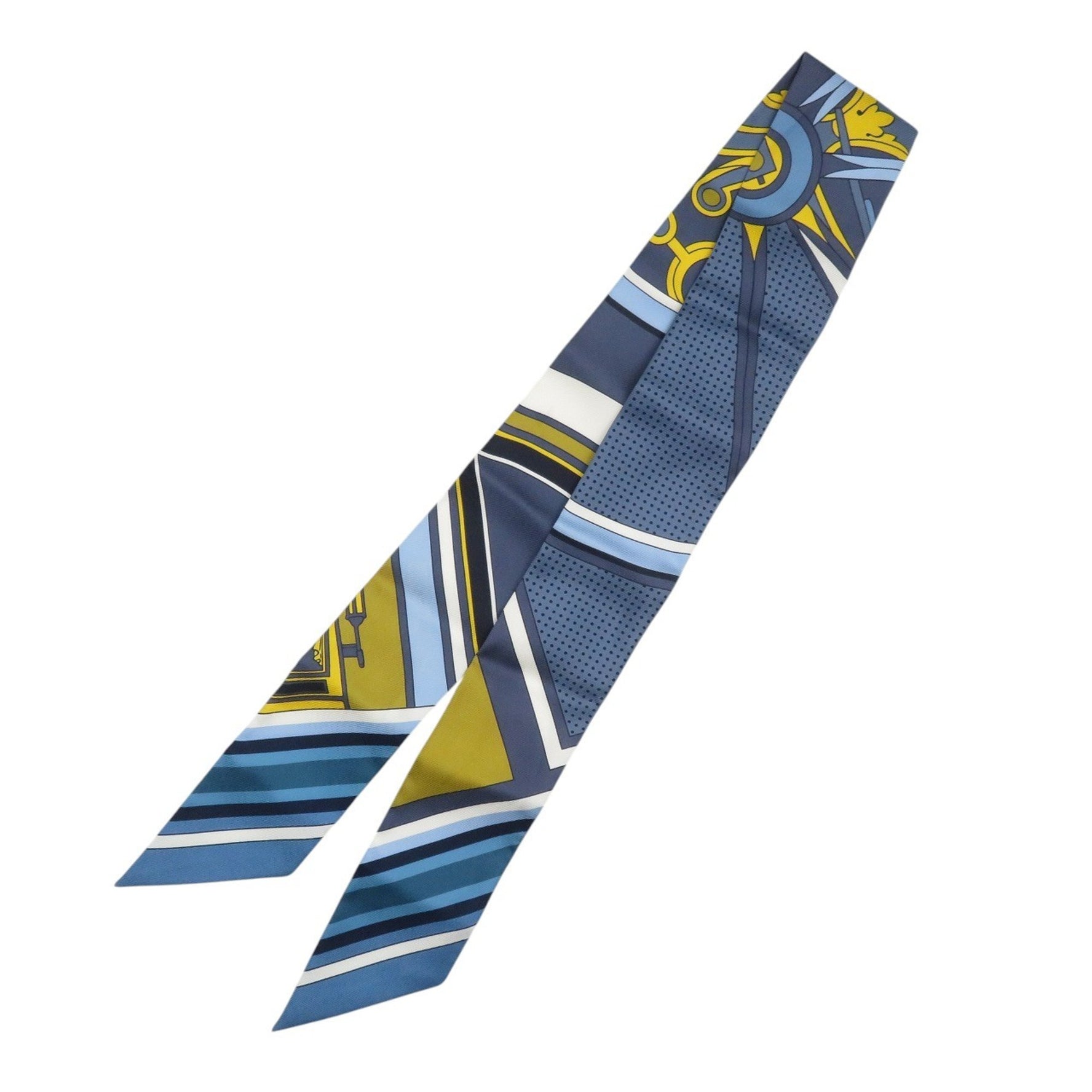 Hermès Twilly George Washington Carriage Detail Silk Scarf Muffler in Blue, White, and Yellow