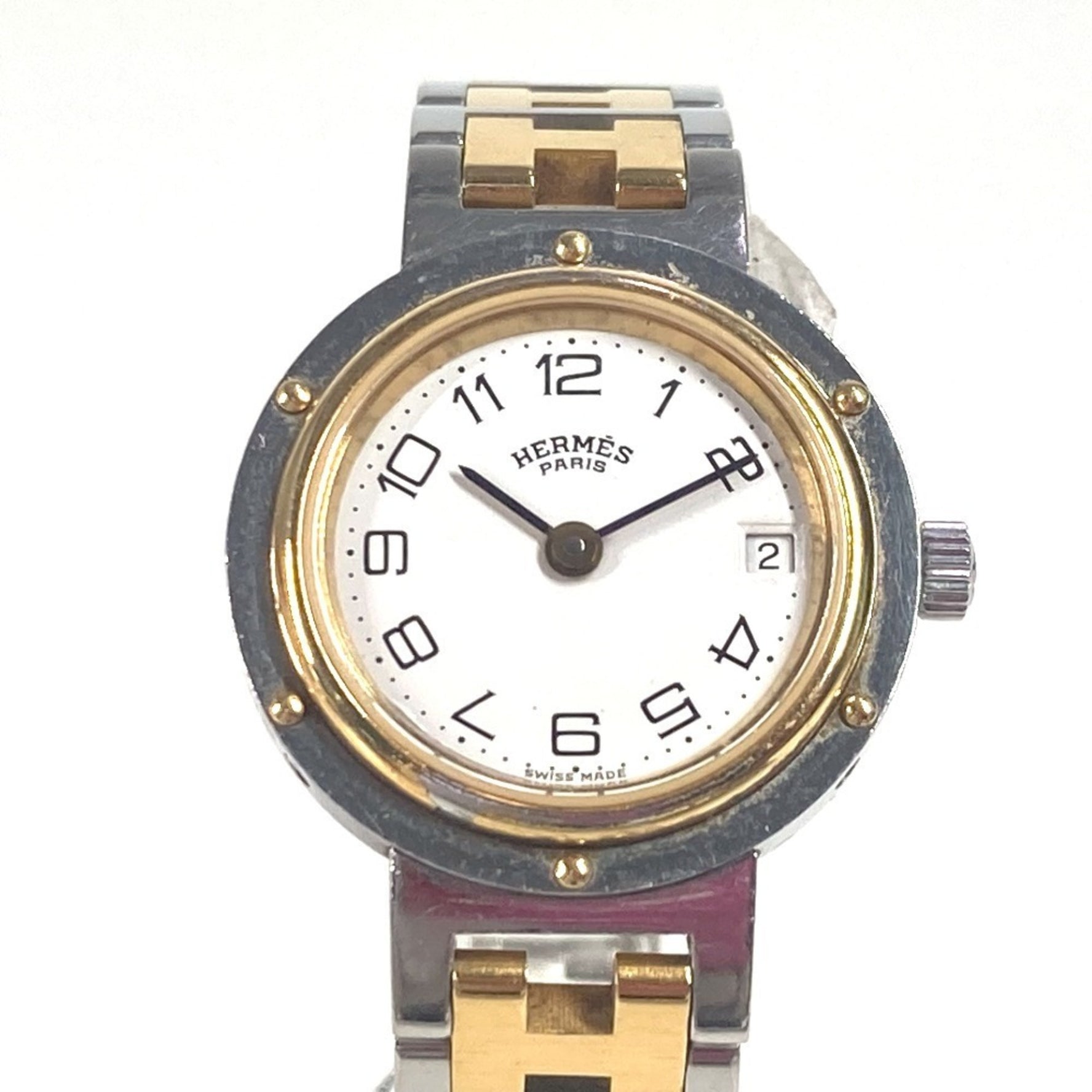 HERMES Vintage Clipper Watch, Two-tone Stainless Steel GP, Silver