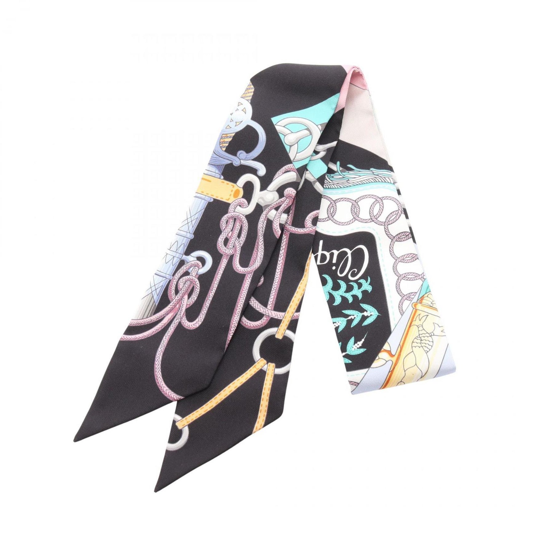 Hermes Hermès Twilly Cliquetis Noir Rose Mint Silk Scarf in Black and Multicolor
