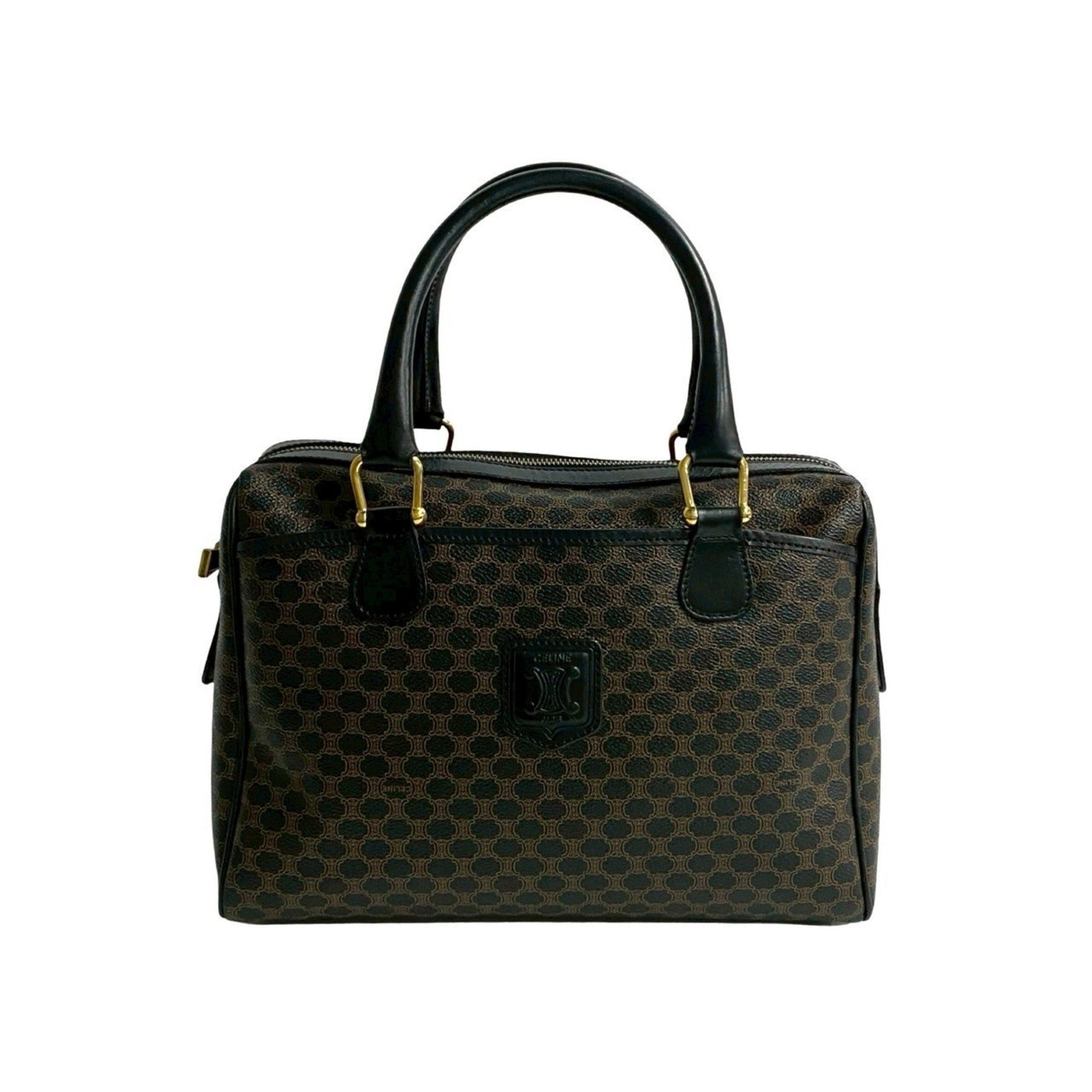 CELINE Macadam Blason Triomphe Leather Handbag/Mini Boston Bag (Black/Brown)