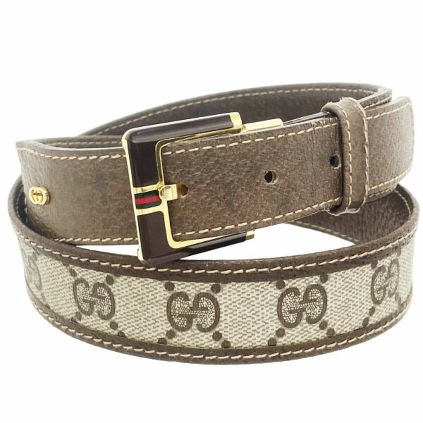 Gucci Belt Sherry Line PVC Leather Beige Brown Size GG Plus Webbing Old