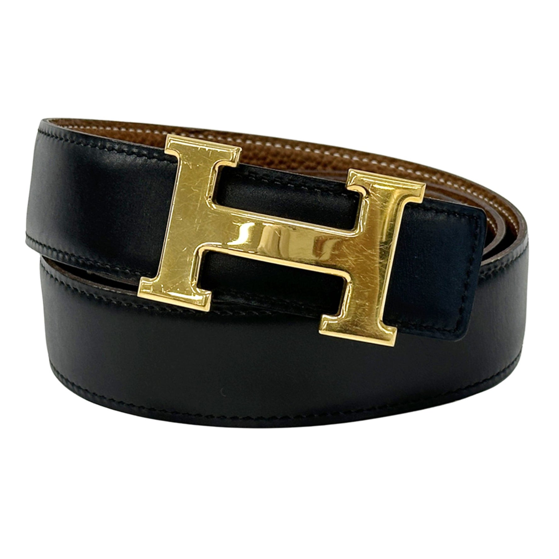 Hermes Hermès Constance belt reversible box calf leather in black and brown with gold hardware, H stamped.