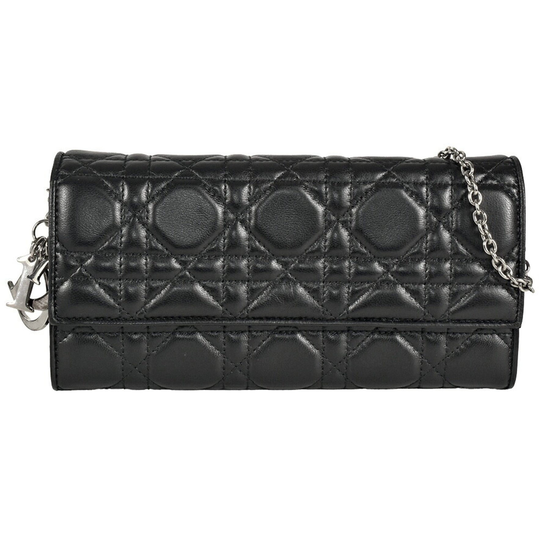 Christian Dior Dior Lady Cannage Chain Wallet Long Leather Noir