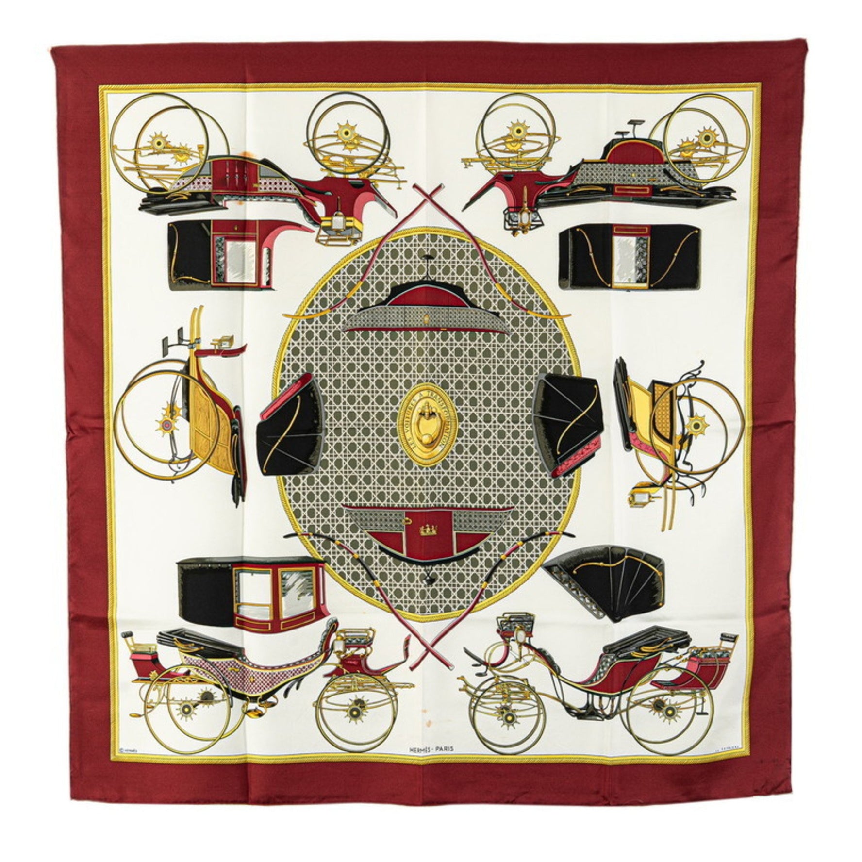 Hermes Hermès Carré 90 "Les Voitures a Transformation" Folding Canopy Carriage Scarf, White, Wine Red, Multicolor, Silk