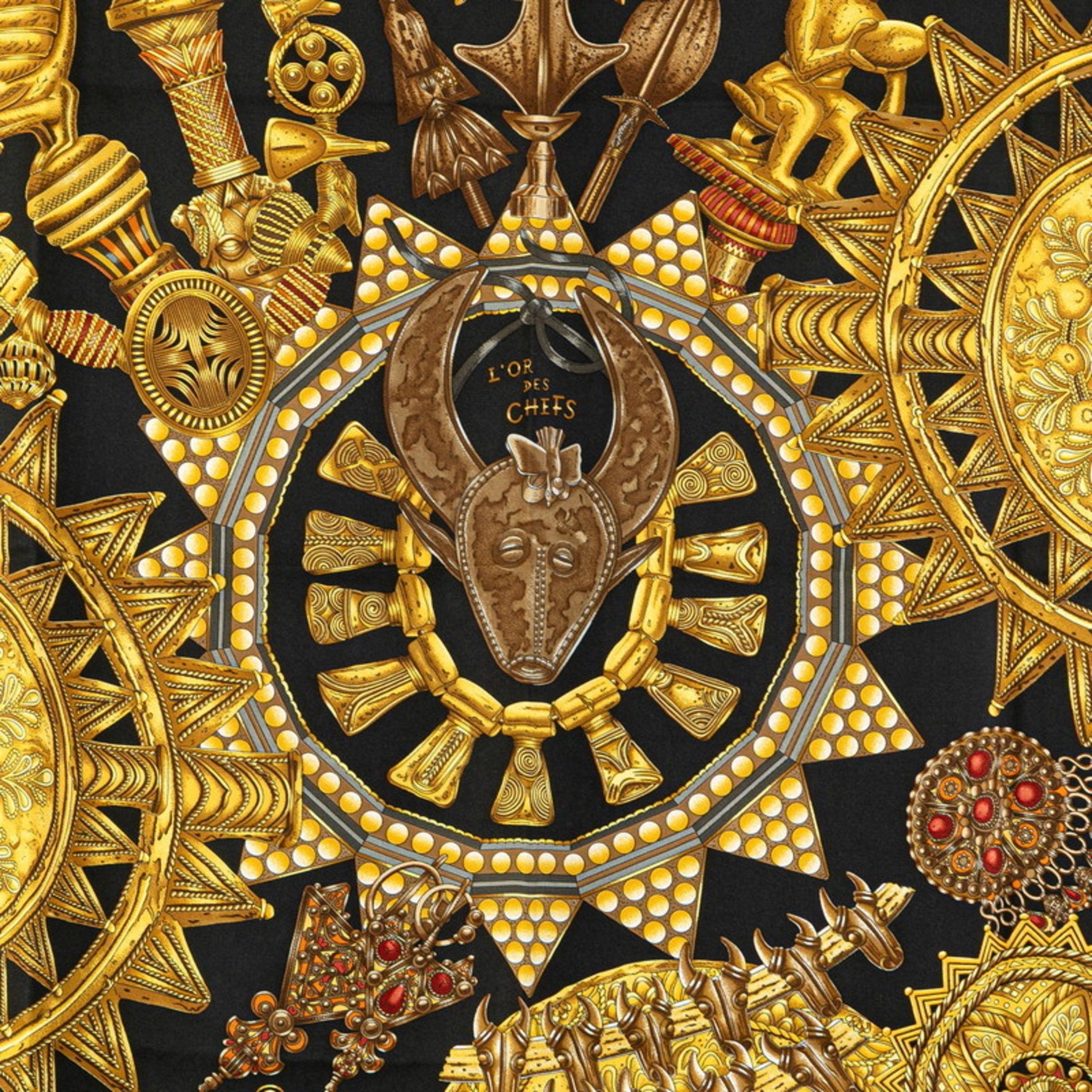 Hermes Hermès Carré 90 "L'OR DES CHEFS" (The Chiefs' Gold) Scarf, Black, Gold, and Multicolor Silk
