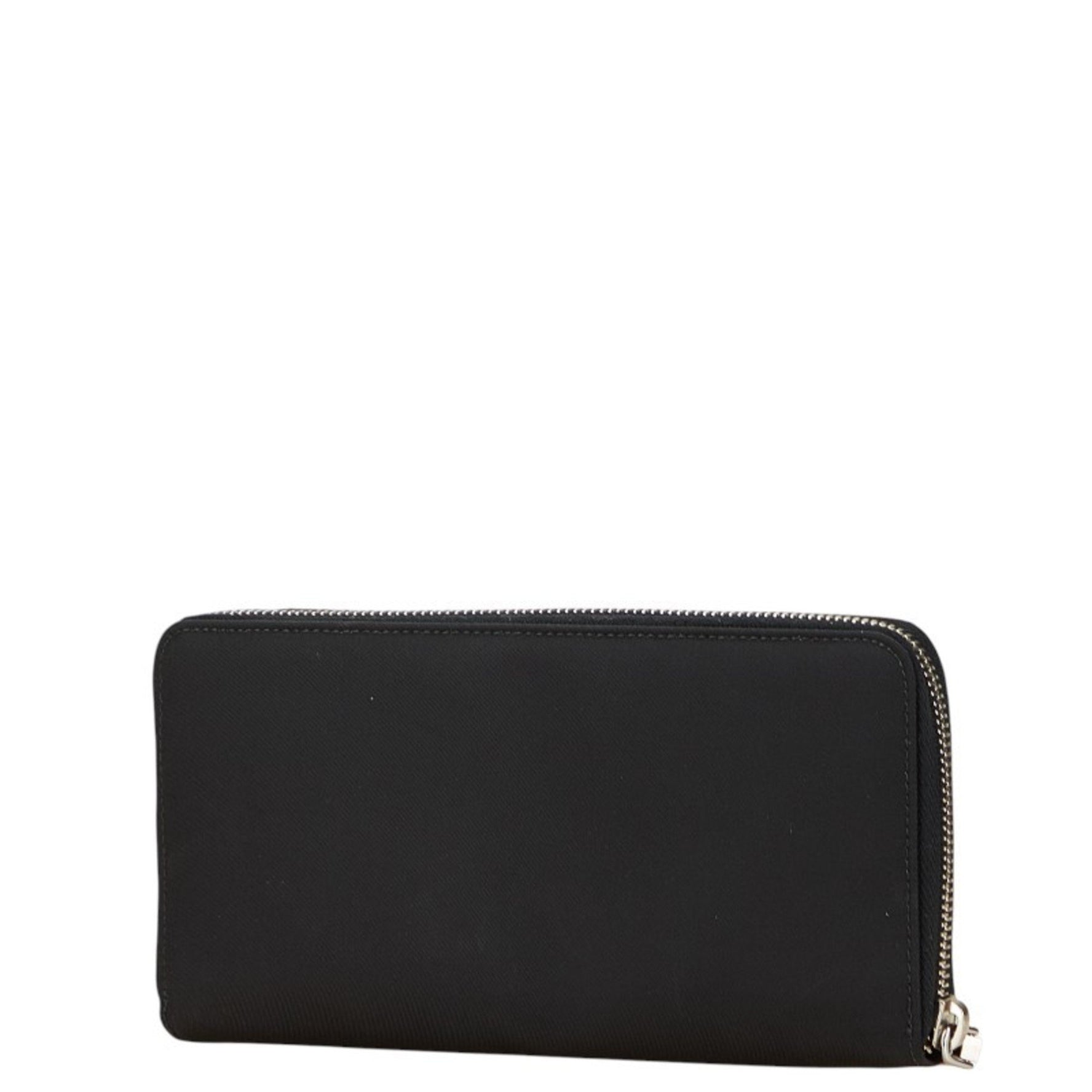 Prada skull long wallet with round zipper, silver, nylon, and leather.