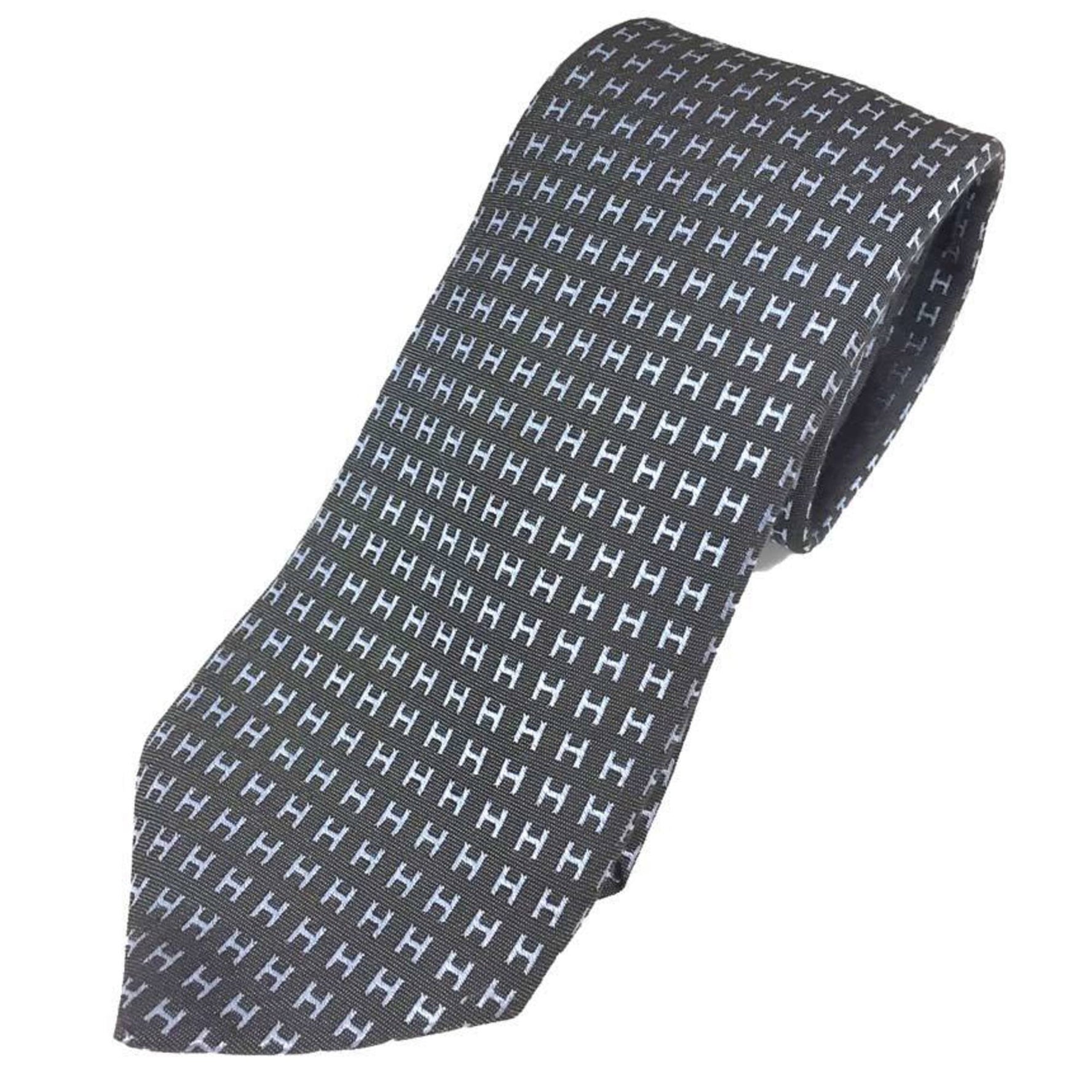 Hermes tie H pattern FACONNEE BICOLORE gray x light blue silk