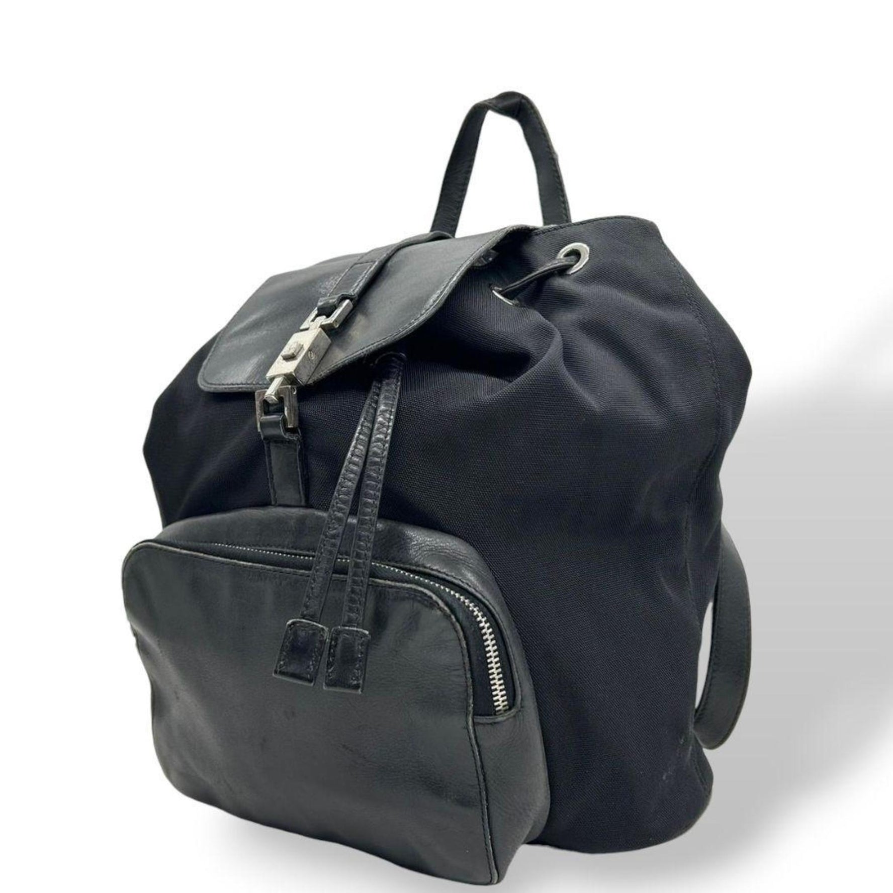 GUCCI Backpack, Nylon, Leather, Genuine Flap, Locking Hardware, Silver Logo Plate, Men's and