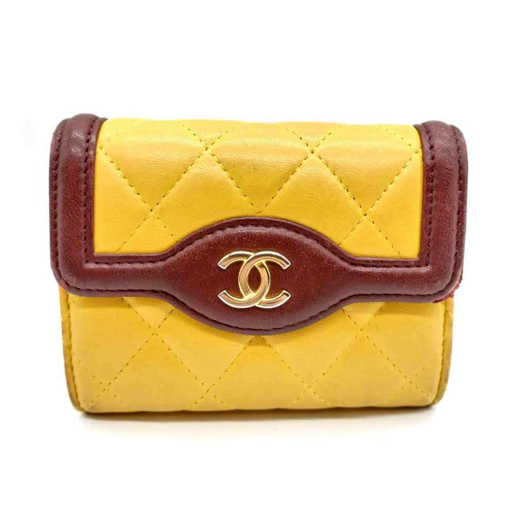 Chanel Wallets & Coin Cases Business Card Holders Matelasse Yellow x Brown Bicolor Mini Wallet Lambskin Leather