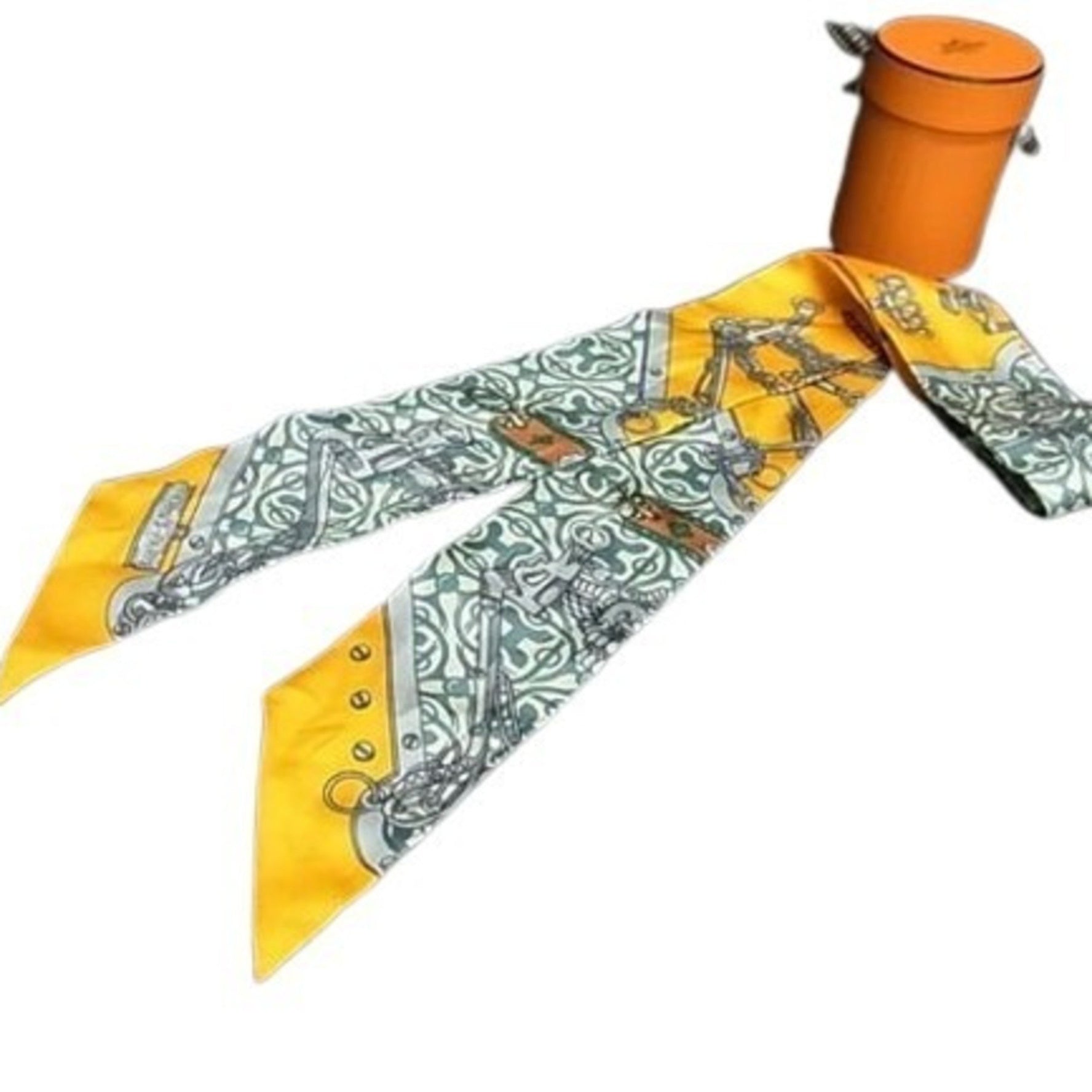 HERMES MORS ET GOURMETTES REMIX Twilly Scarf with Bit and Chain - Yellow Multicolor, 100% Silk, Ribbon