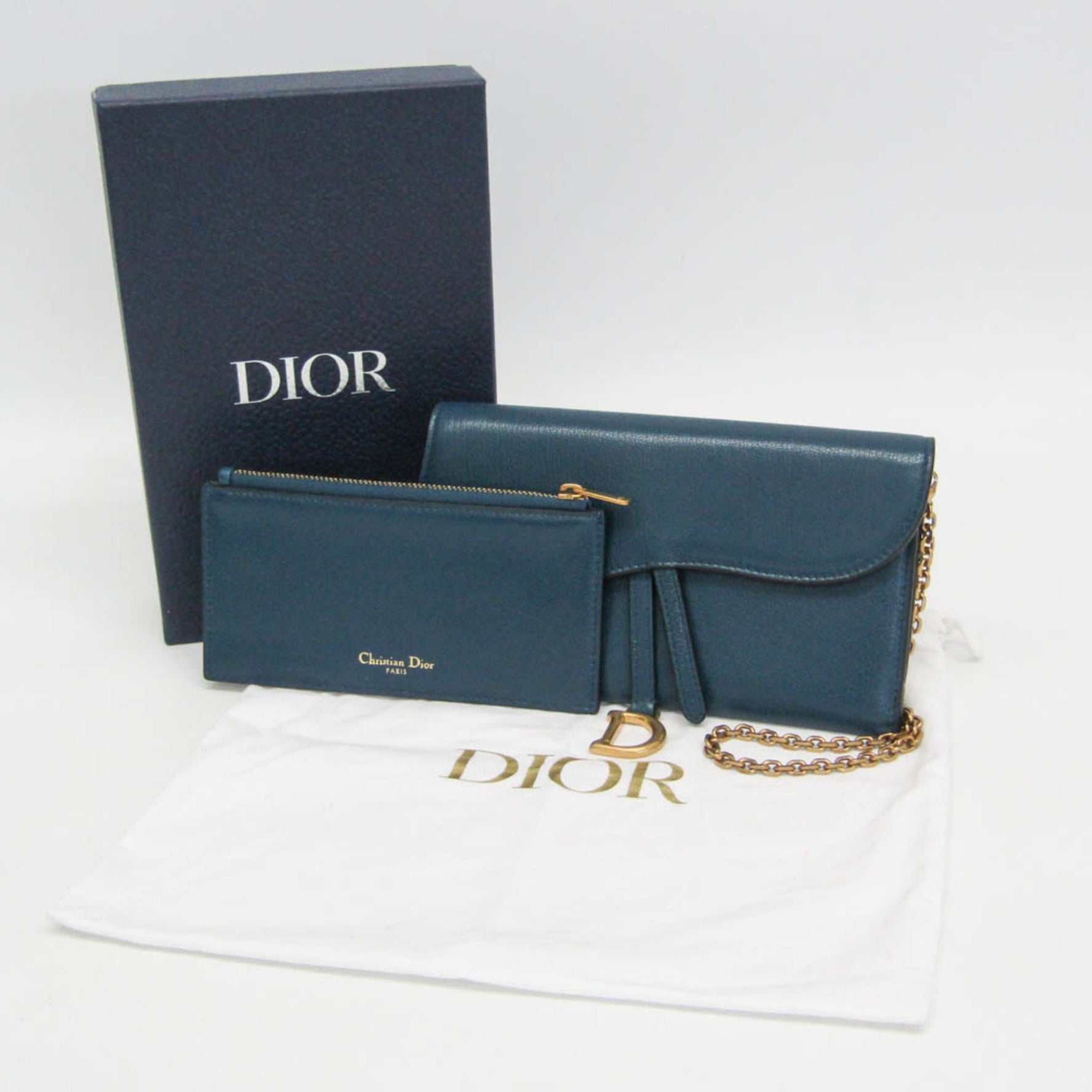 Christian Dior Saddle Chain Shoulder Wallet Goatskin Chain/Shoulder Wallet Blue Green