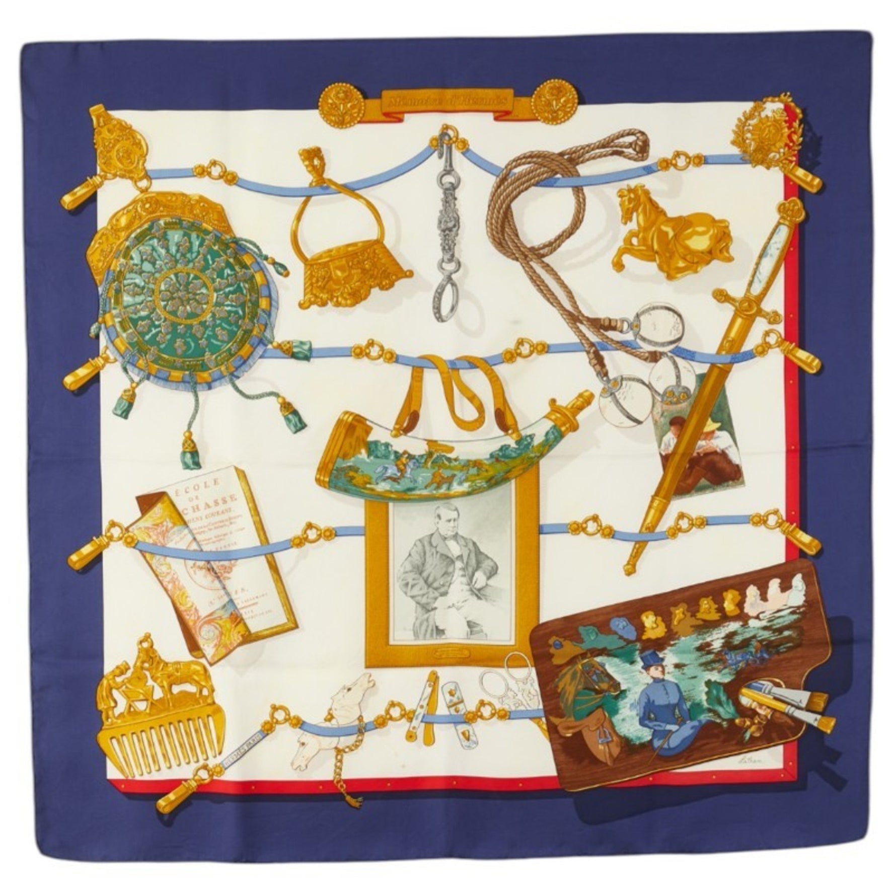 Hermès Carré 90 Memoire d'Hermès Scarf, Navy, White, Multicolor, Silk, HERMES