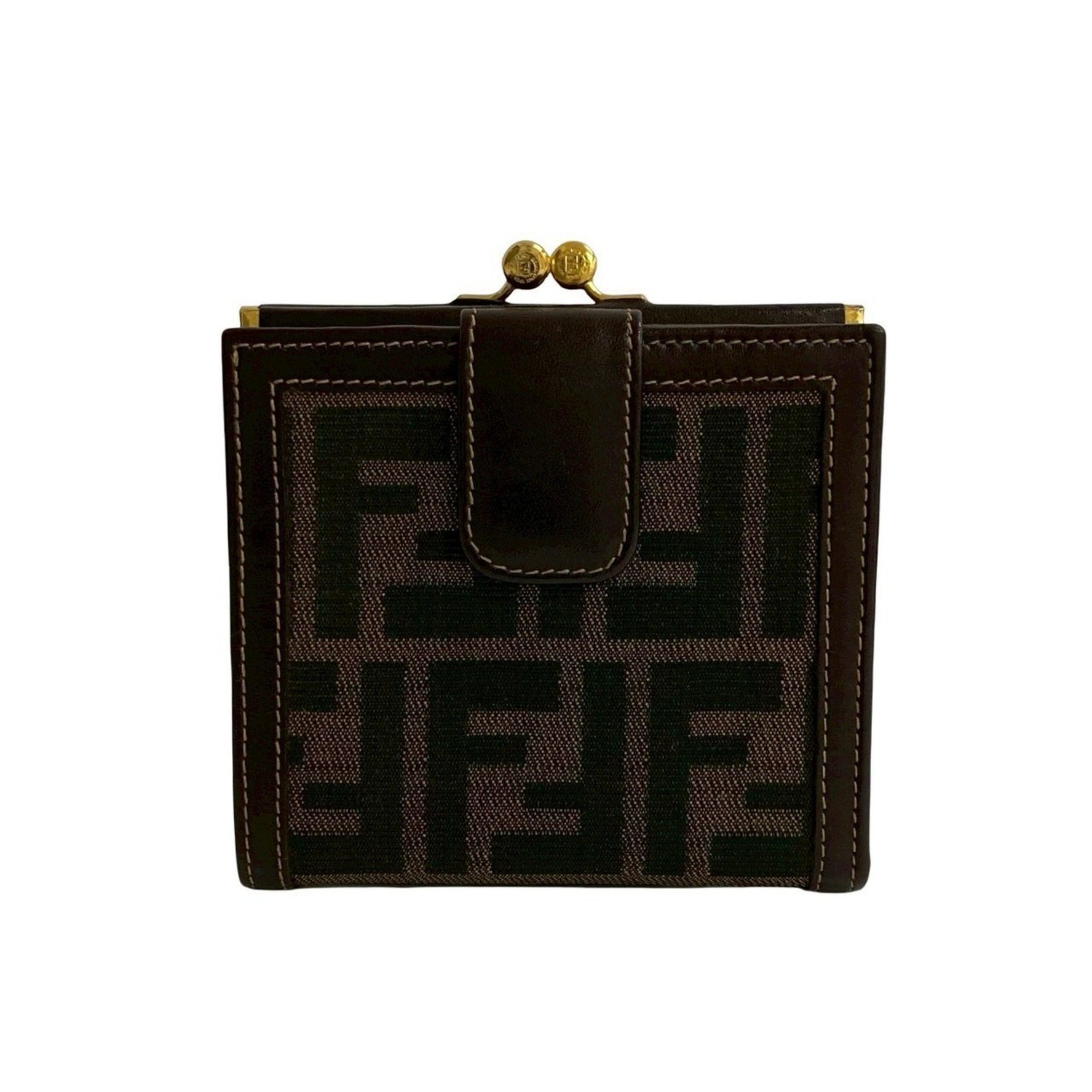 FENDI Zucca FF pattern canvas and leather bifold wallet with clasp closure, mini wallet, brown black