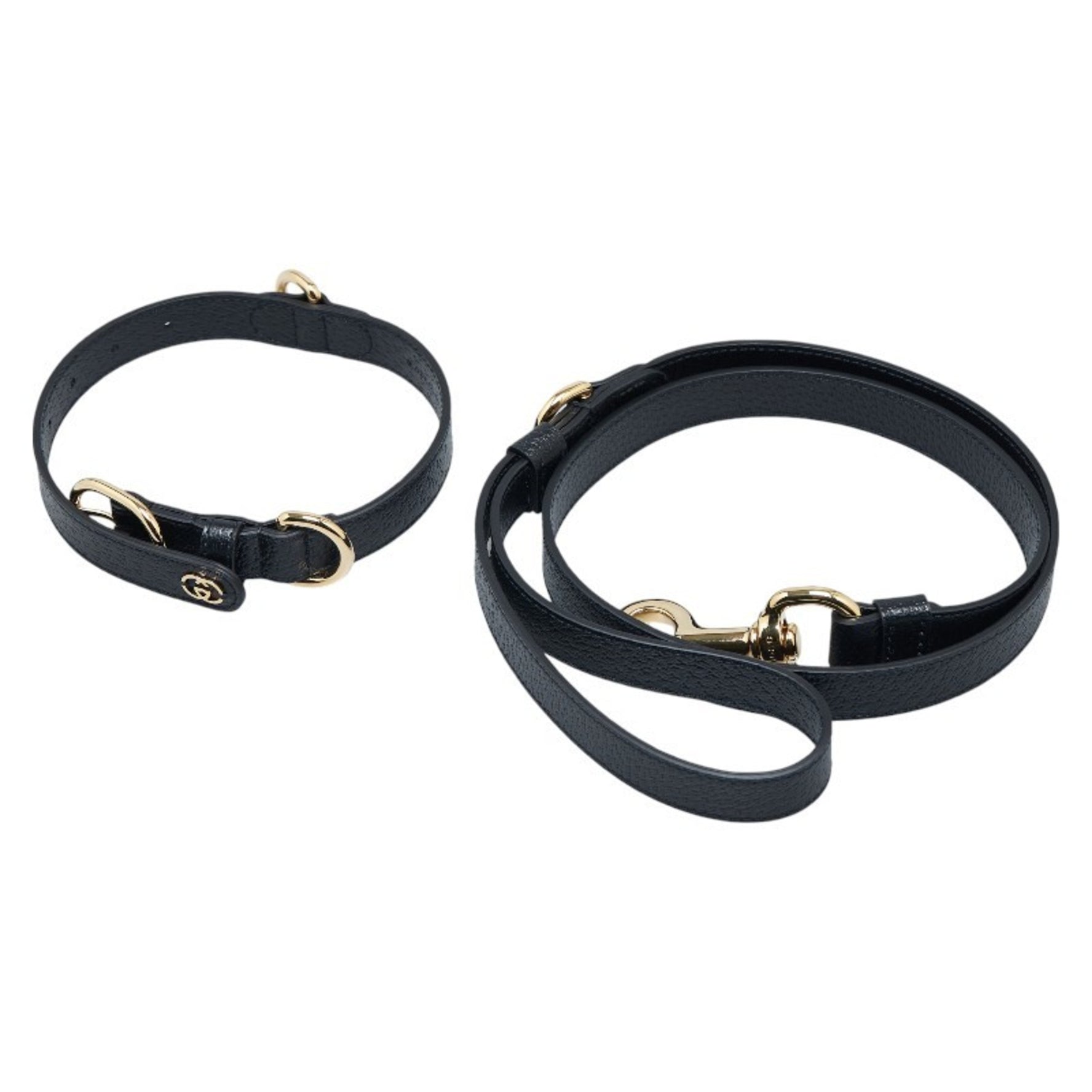 Gucci Interlocking G Small Medium Pet Lead Collar Set 692949/692943 Black Gold Leather Women's