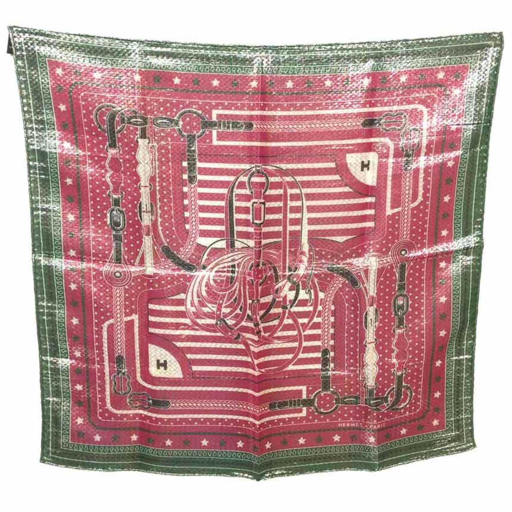 HERMES Scarf Muffler Bandana Carre 55 Disco Coaching Metallic Fiber Fuchsia x Veil (Pink Green) Silk