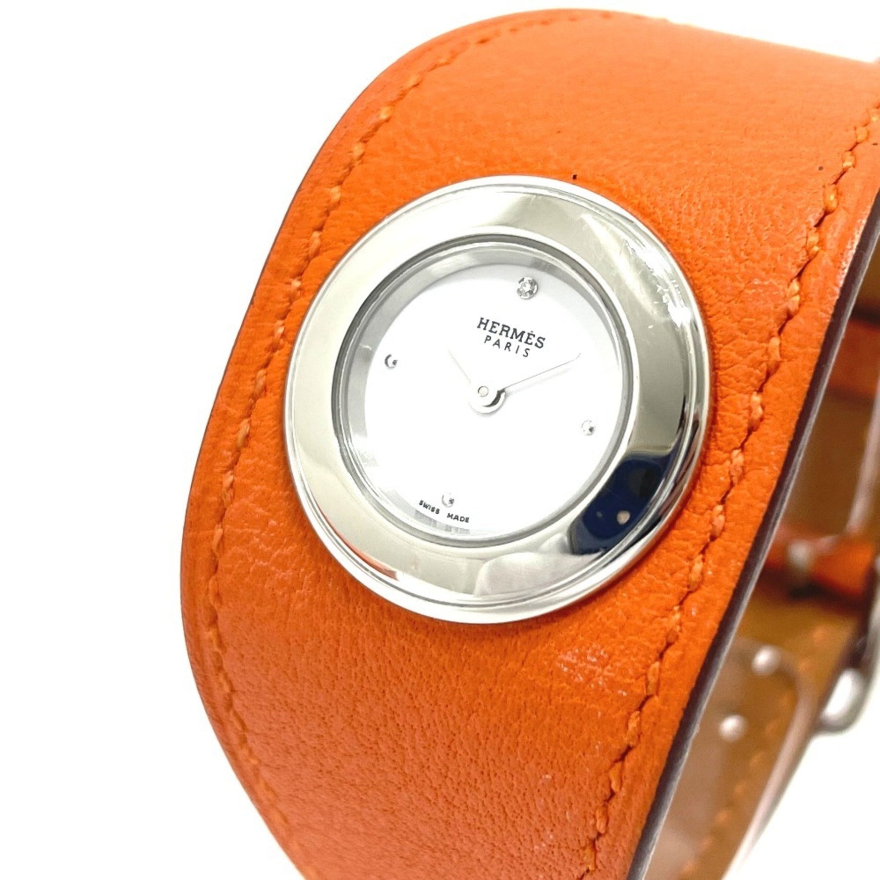 HERMES Faubourg Manchette Quartz Watch with Stainless Steel/Leather Strap, Silver