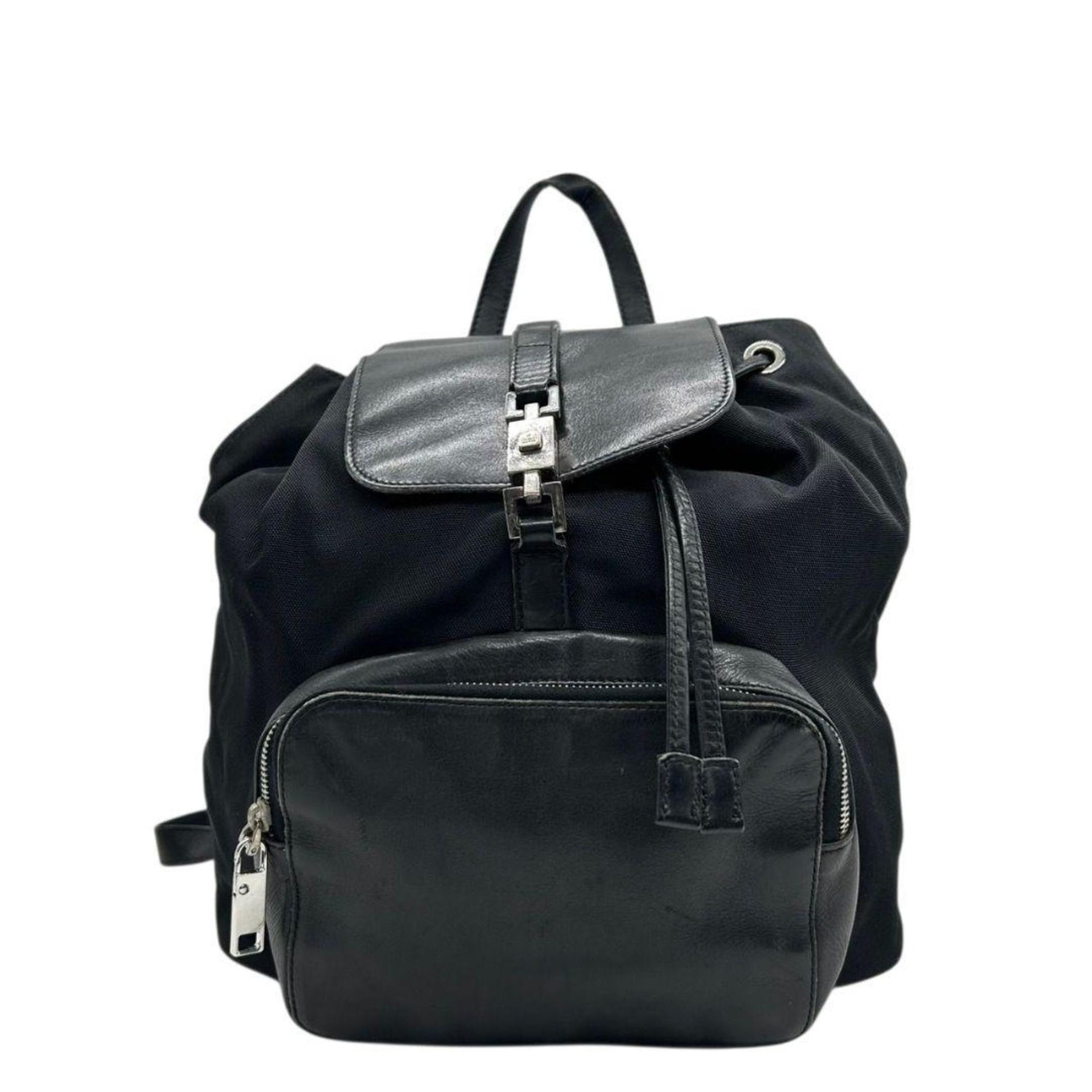 GUCCI Backpack, Nylon, Leather, Genuine Flap, Locking Hardware, Silver Logo Plate, Men's and