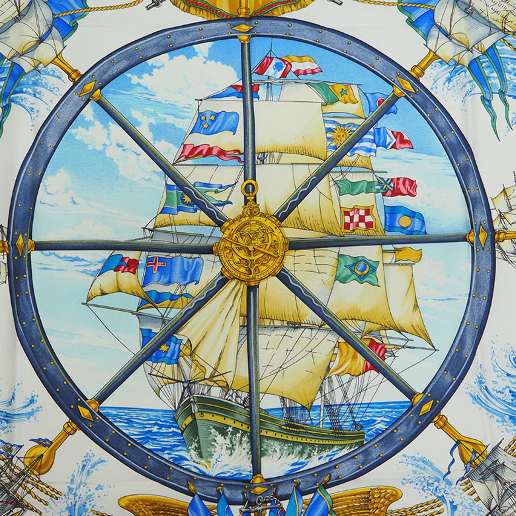 HERMES Carre 90 Vive le ven Wind Blow Yellow Rudder Ship Scarf Muffler
