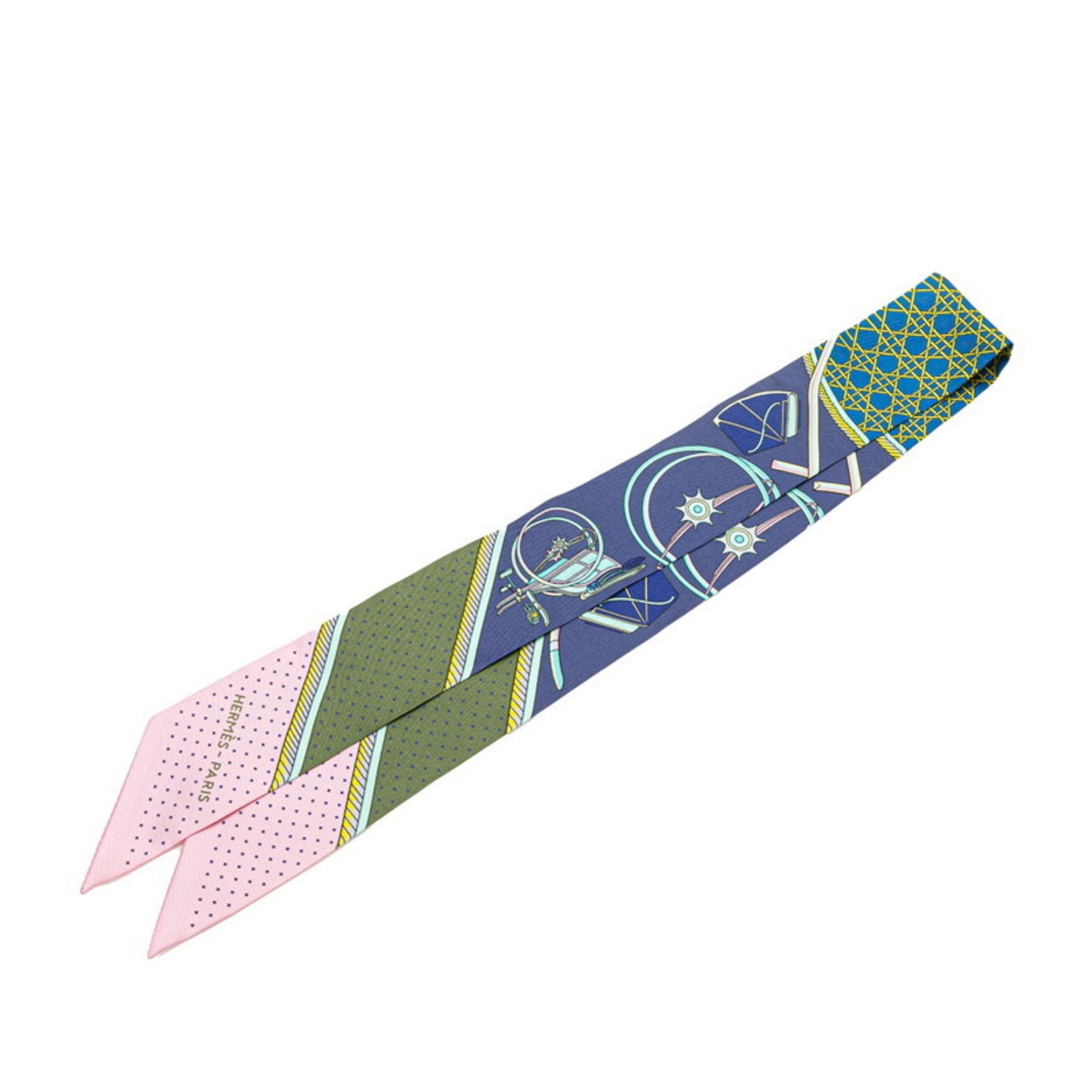 Hermes Hermès Twilly "Les Voitures a Transformation" Folding Canopy Carriage Scarf, Multicolor Blue Silk