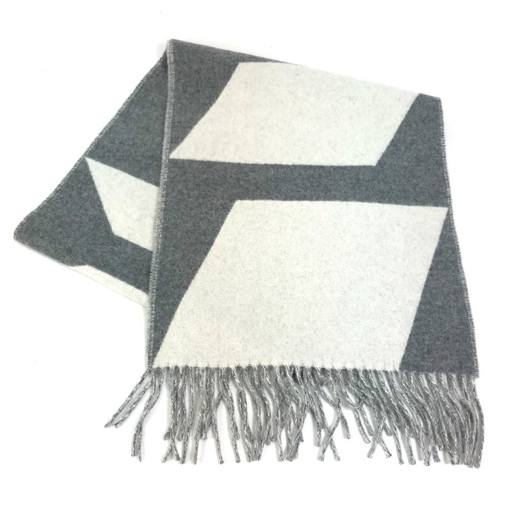 HERMES Kazak Optic Fringe Two-Tone Cashmere Scarf Gray and White