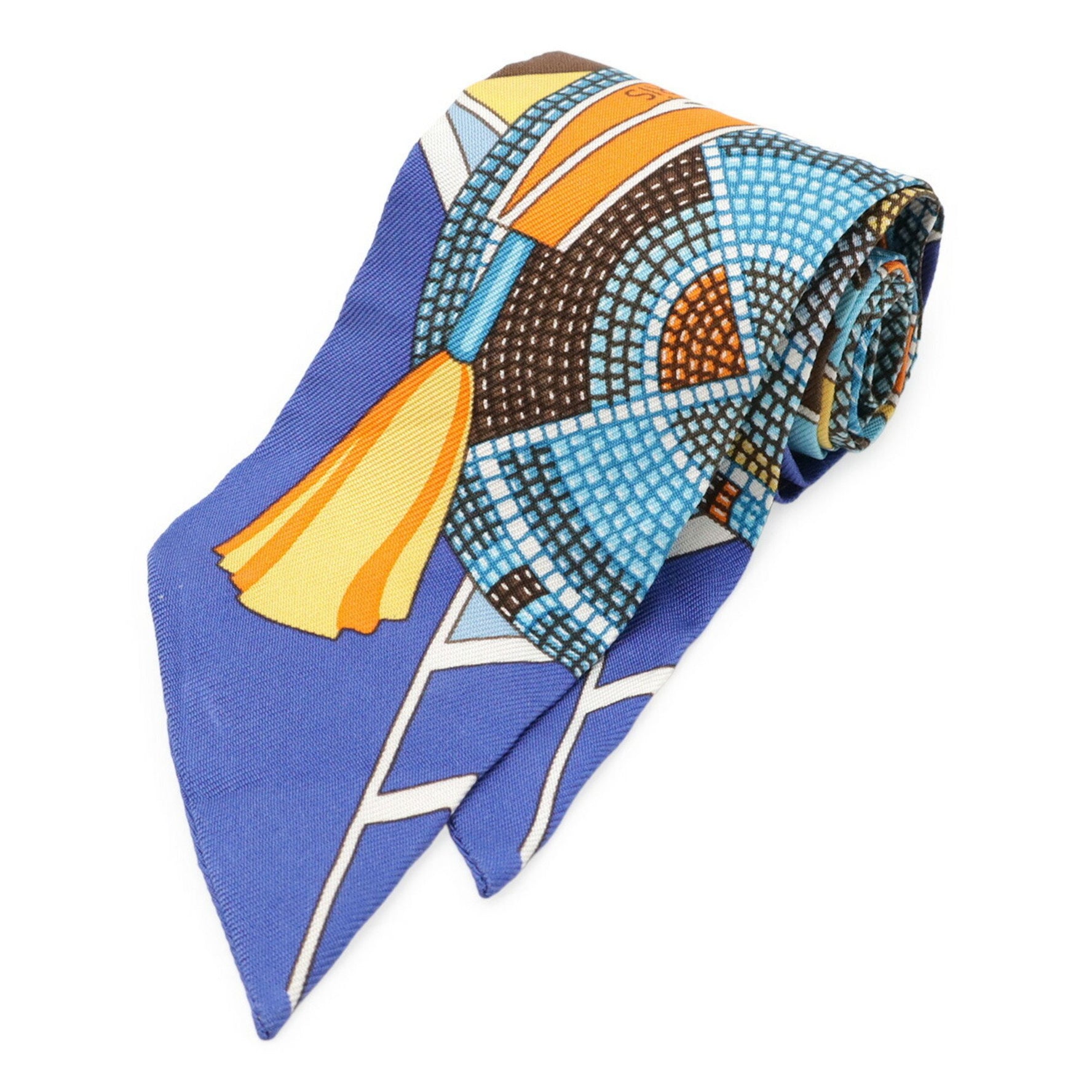 HERMES TWELL Twilly Scarf/Muffler/Bag Scarf/Muffler/Bag, Prairie Indian Art, 100% Silk, Blue