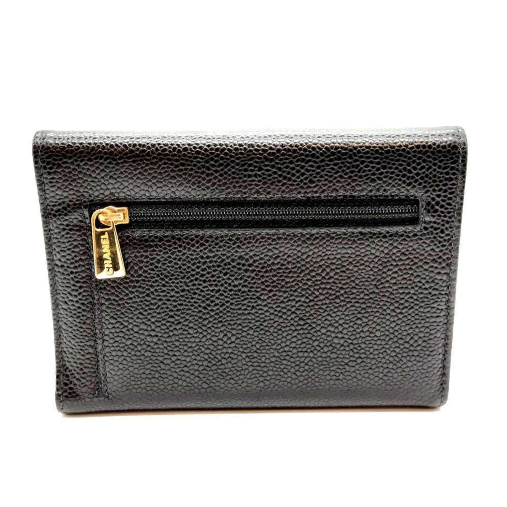 Chanel Tri-fold Wallet Coco Mark Folding Caviar Skin Leather