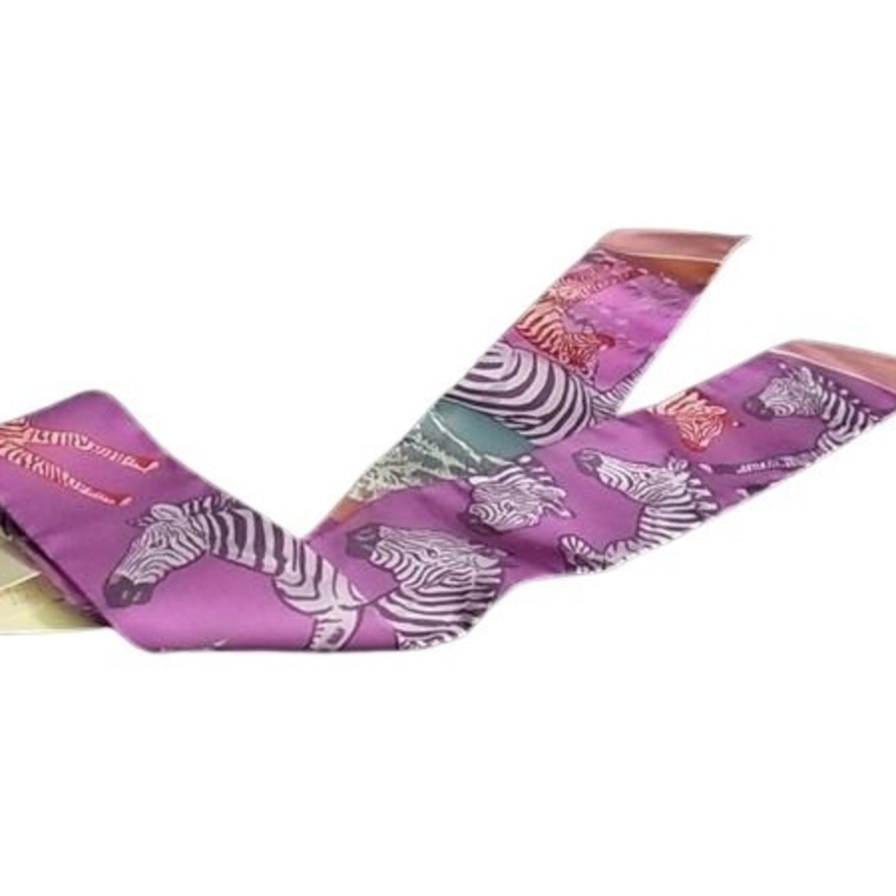 HERMES LES ZEBRES Twilly Scarf/Muffler 07 Purple Multicolor 100% Silk Ribbon Scarf