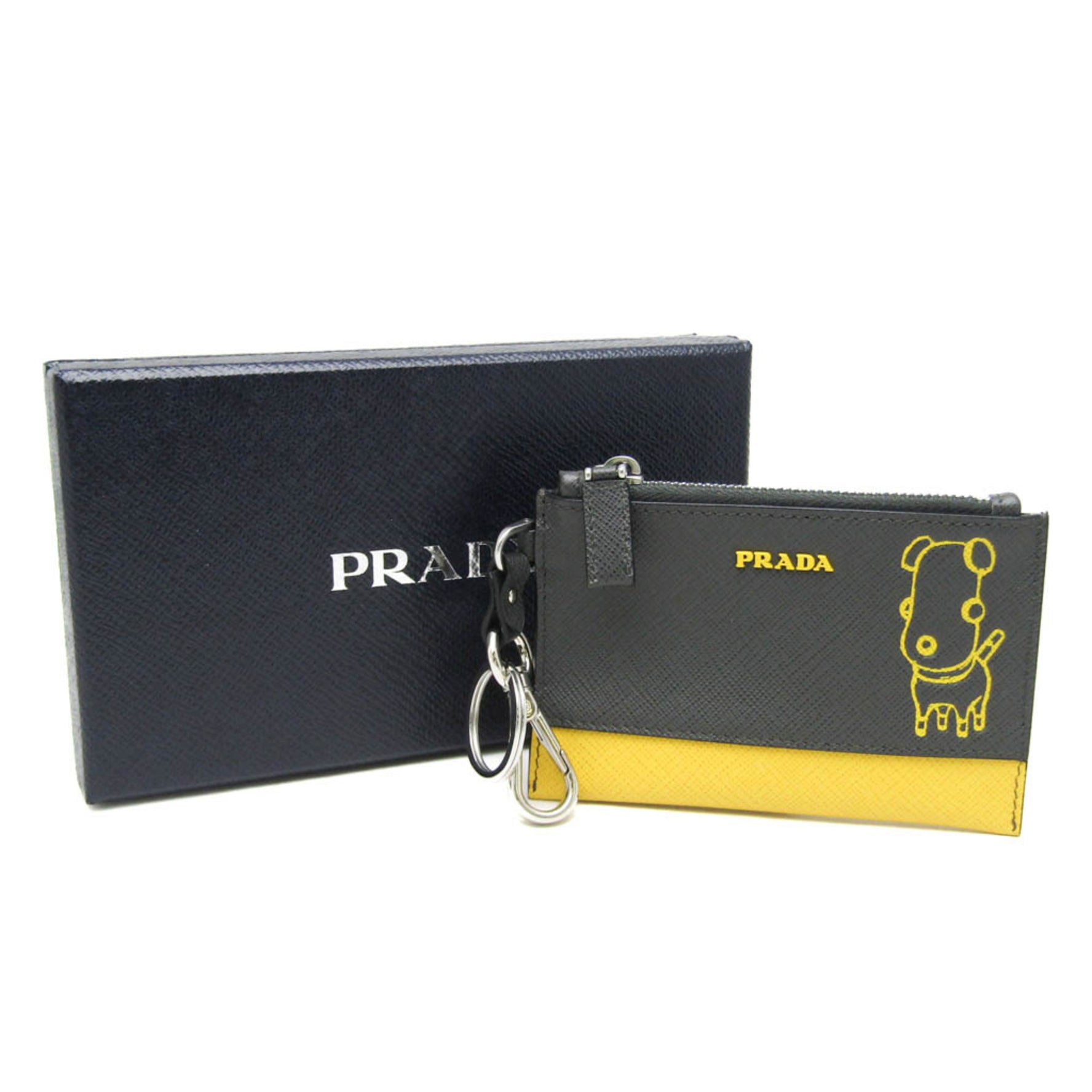Prada Saffiano Dog Illustration Print With Key Ring Men,Women Leather Coin Purse/coin Case Gray,Yellow