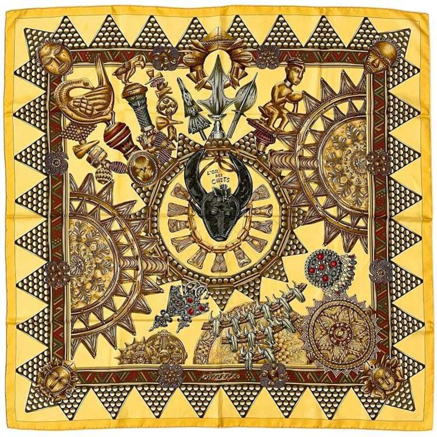 Hermes Hermès Carré 90 Scarf in Beige and Brown. Made of 100% Silk, "L'OR DES CHEFS" (The Chiefs' Gold). A large, ethnic scarf from the collection.