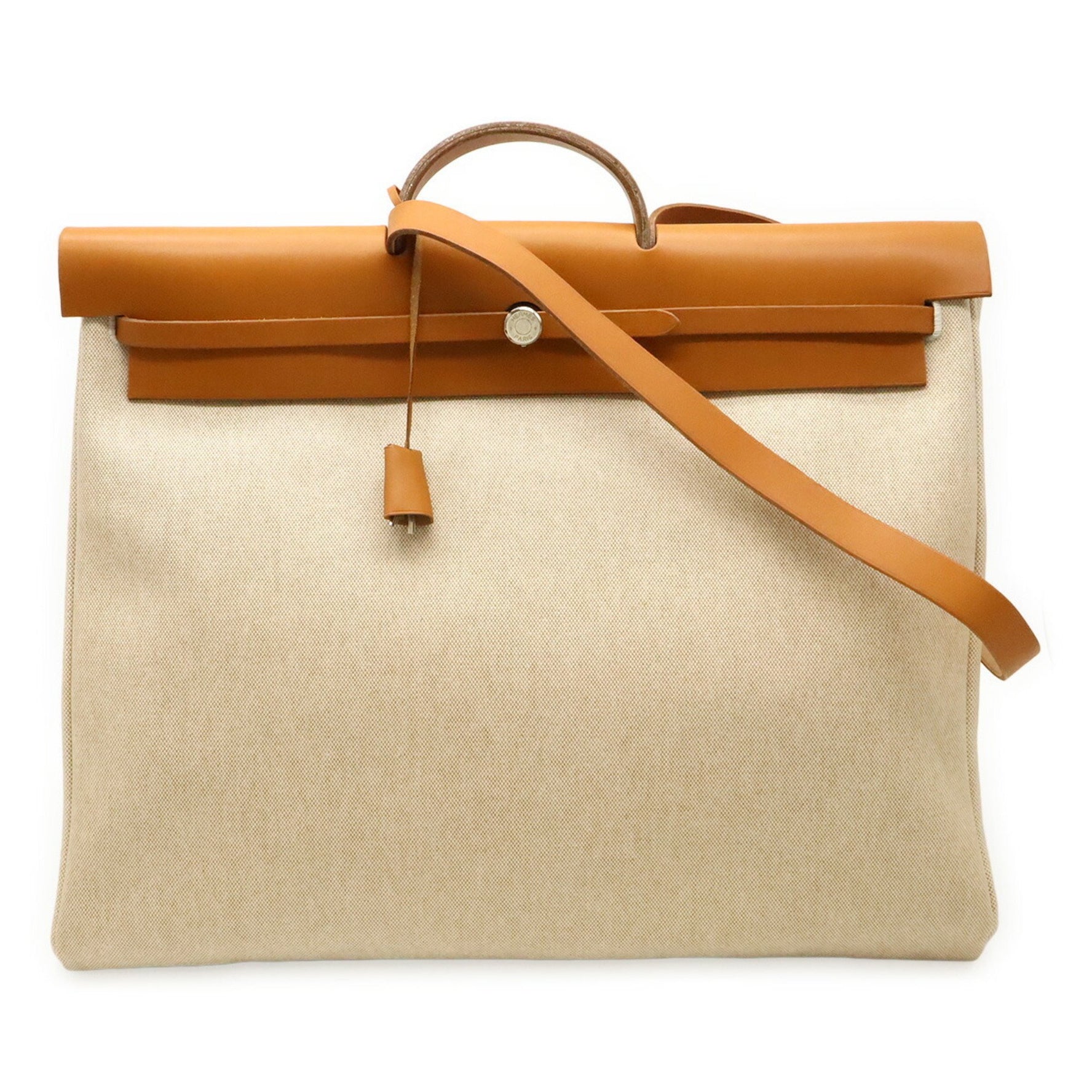 HERMES Hermès Airbag GM Handbag Shoulder Bag Toile Officier Leather Natural Brown