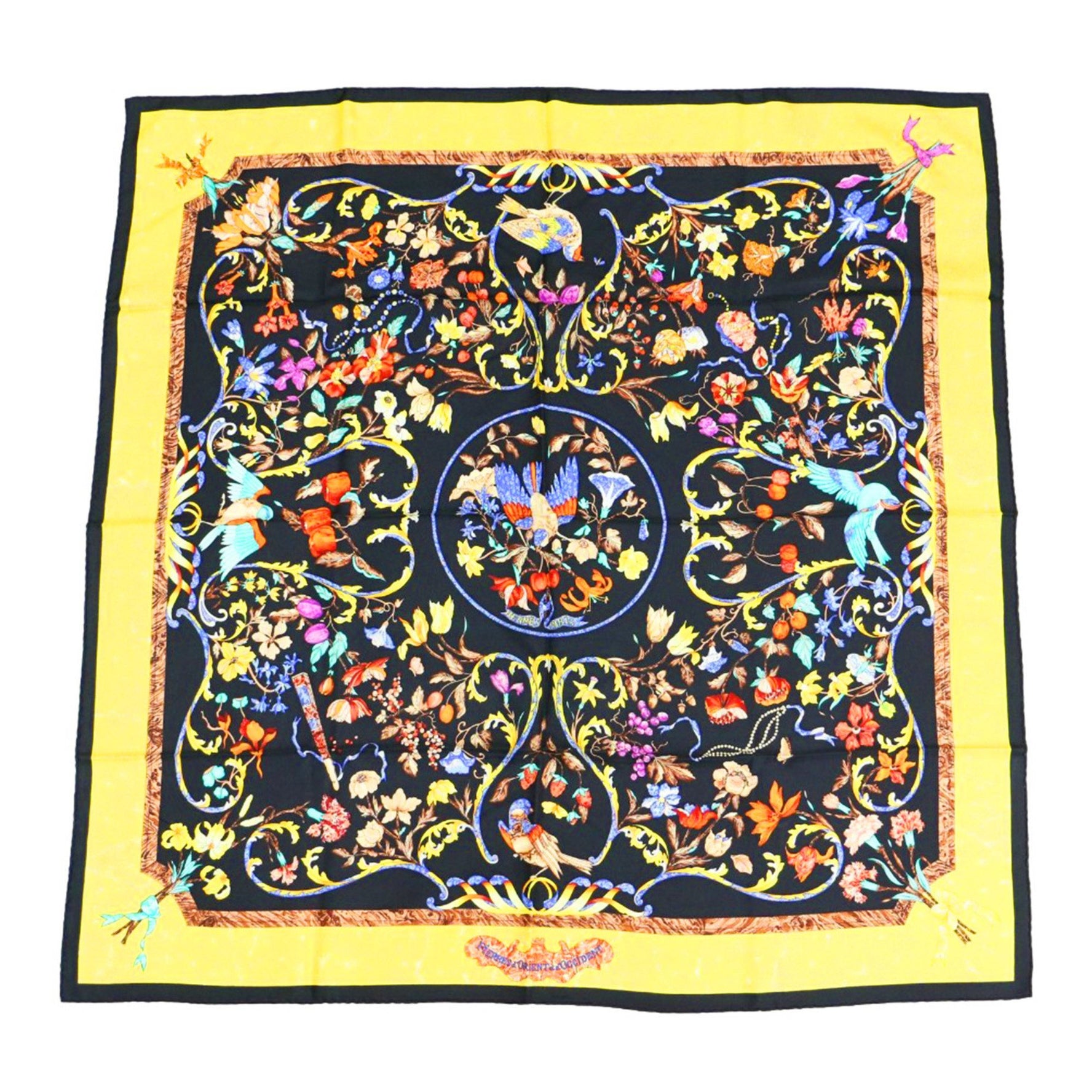 HERMES Carré 90 Silk Scarf Muffler Eastern Stones and Western Stonework PIEPRES d ORIENT et OCCIDENT Large Size Black Yellow Fashion Accessories