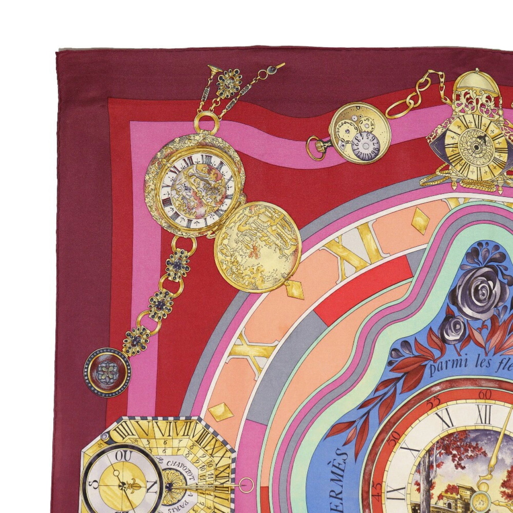 HERMES Carre 90 scarf parmi les fleurs je compte heures time spent in flowers silk red ladies