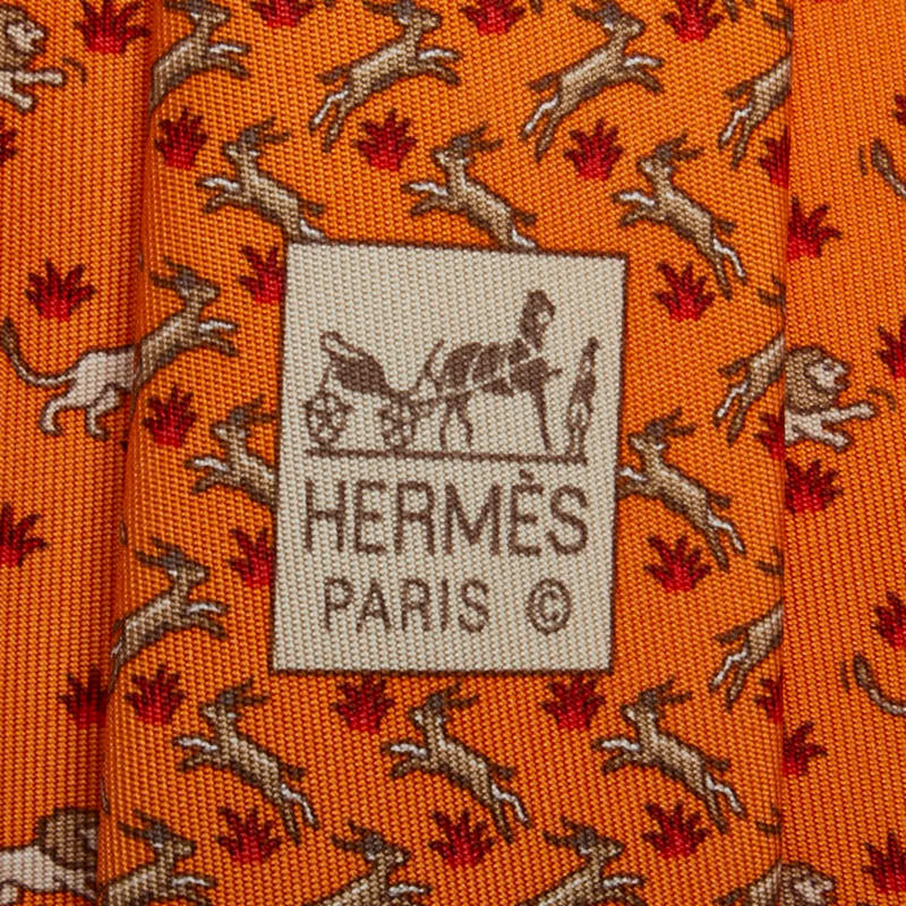 Hermes Lion and Deer Motif Tie Orange Red Beige Silk