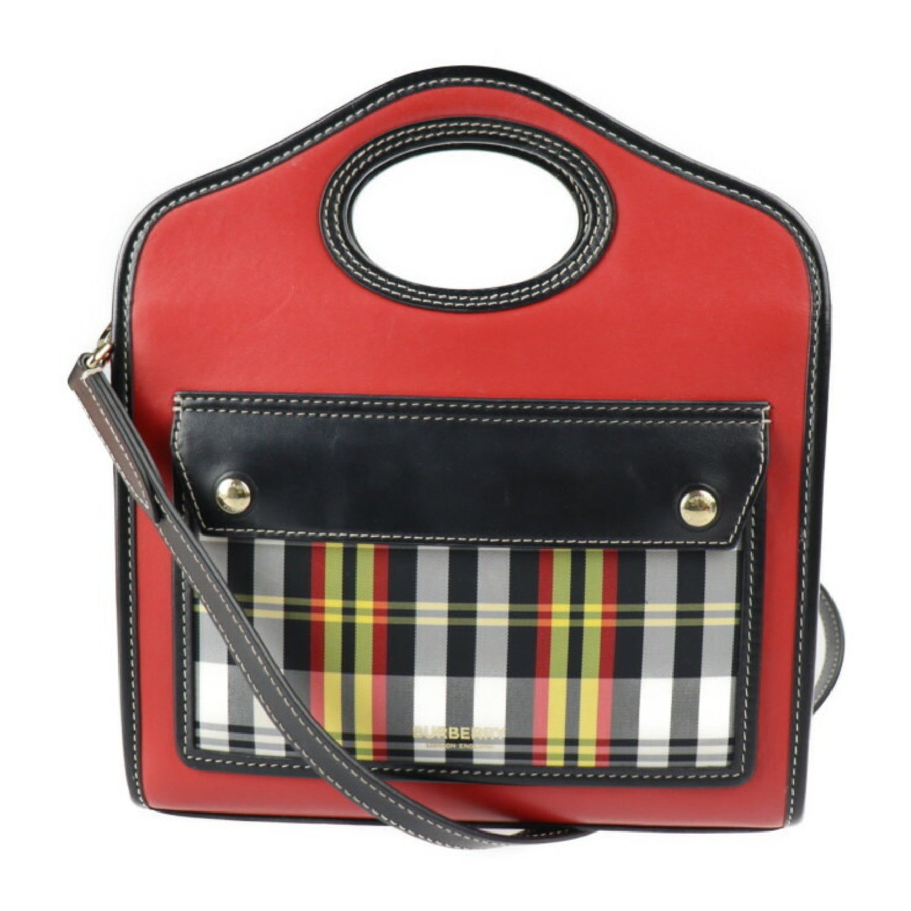 BURBERRY mini pocket bag handbag leather nylon canvas red black multicolor gold metal fittings check pattern shoulder