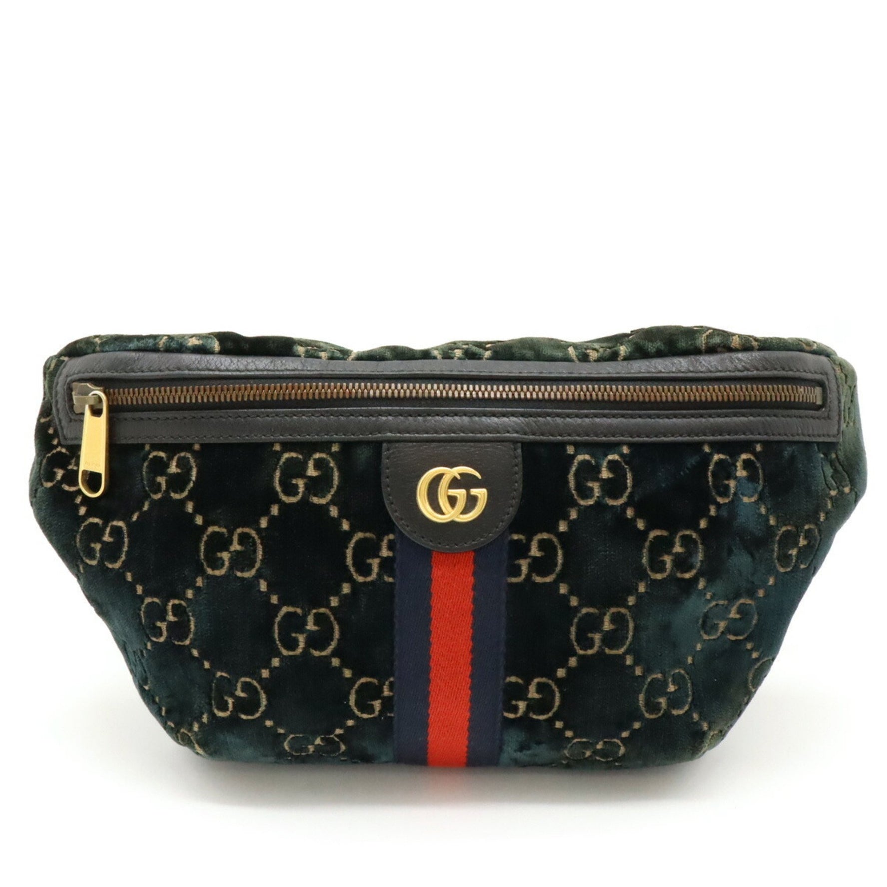 GUCCI GG Velvet Sherry Line Belt Bag Body Waist Pouch Leather Green