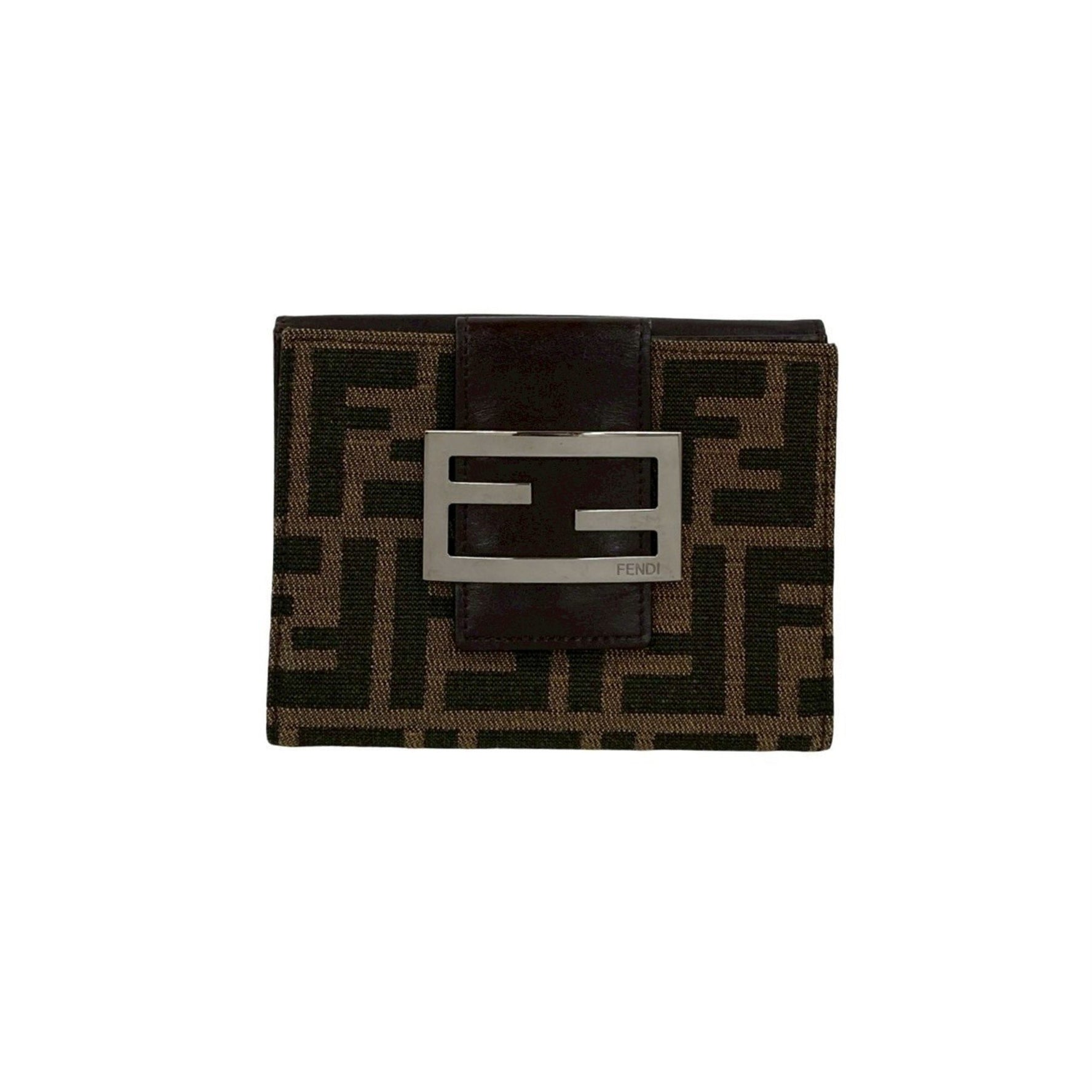 FENDI Zucca pattern FF logo hardware leather genuine canvas bifold mini wallet brown black