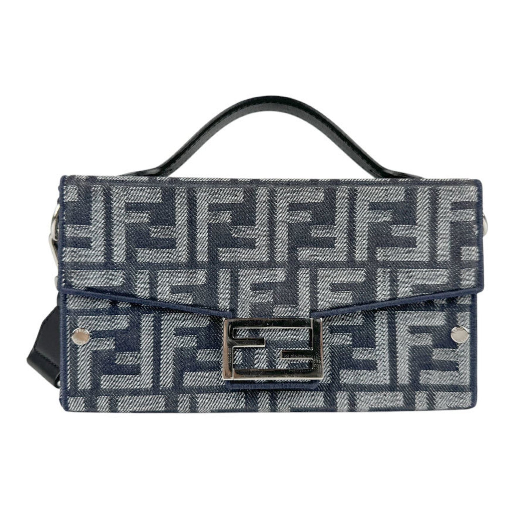 FENDI Shoulder Bag Handbag Baguette Soft Trunk Canvas Silver