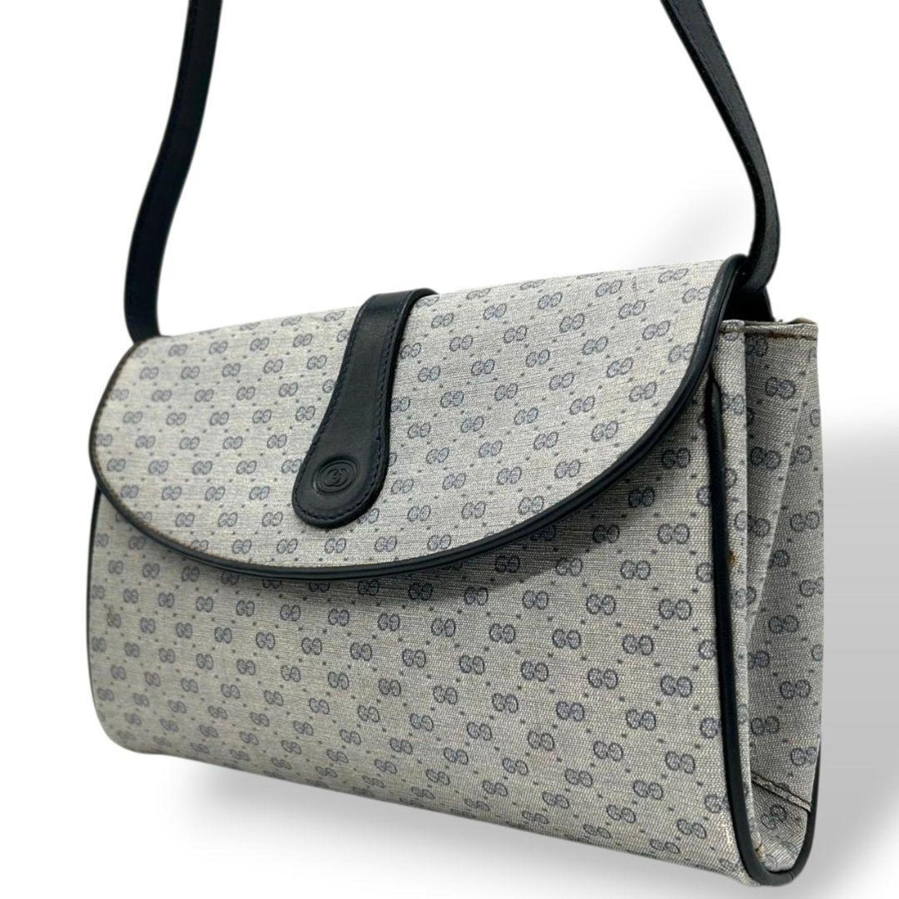 Vintage GUCCI Micro GG Shoulder Bag in Blue Leather with Flap, Crossbody Attachment, Gold Hardware, Logo Plate, and Crest Logo.