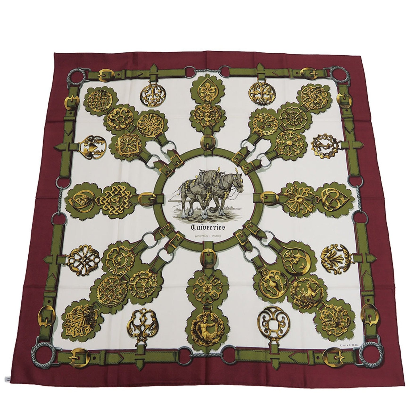 HERMES Carre 90 Cuiveeries carriage horse F de LA PERRIERE Bordeaux scarf muffler