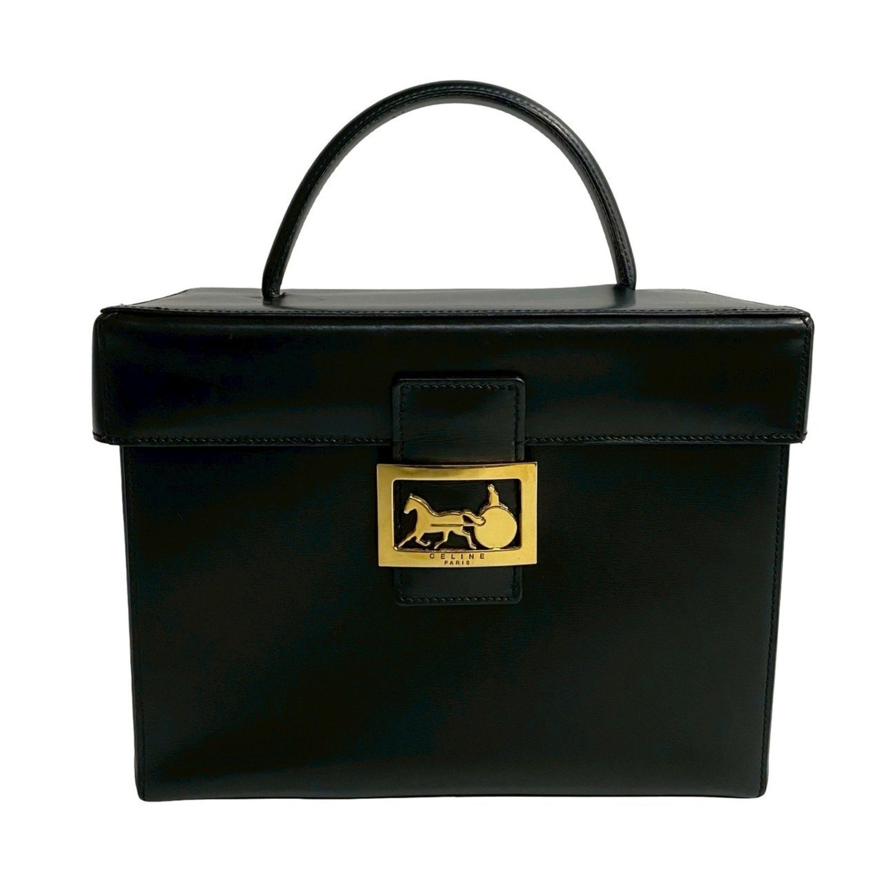 CELINE Logo Carriage Hardware Calfskin Leather Handbag Vanity Bag Makeup Box