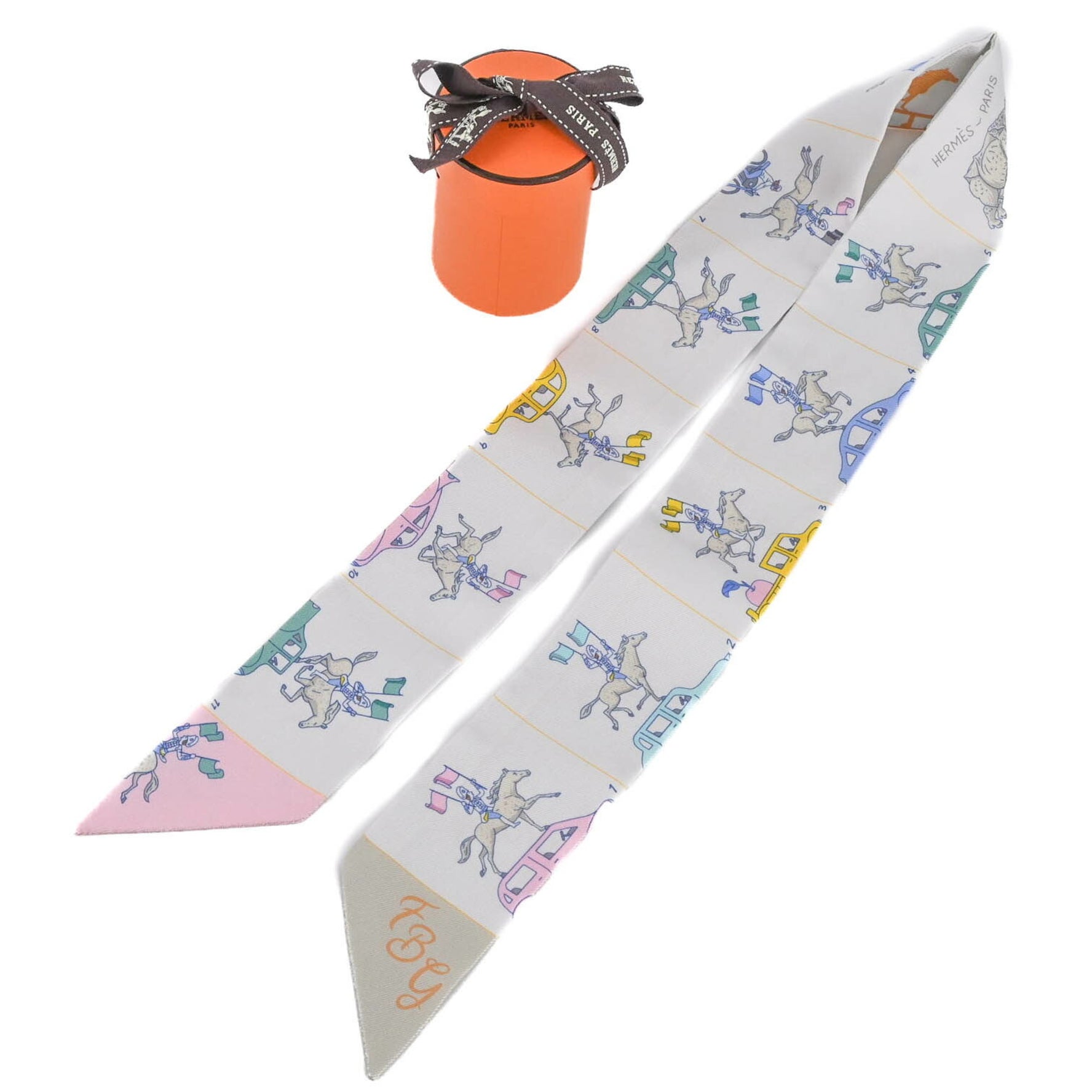 HERMES Parade Twilly Scarf, 100% Silk, Multicolor, Pink, White