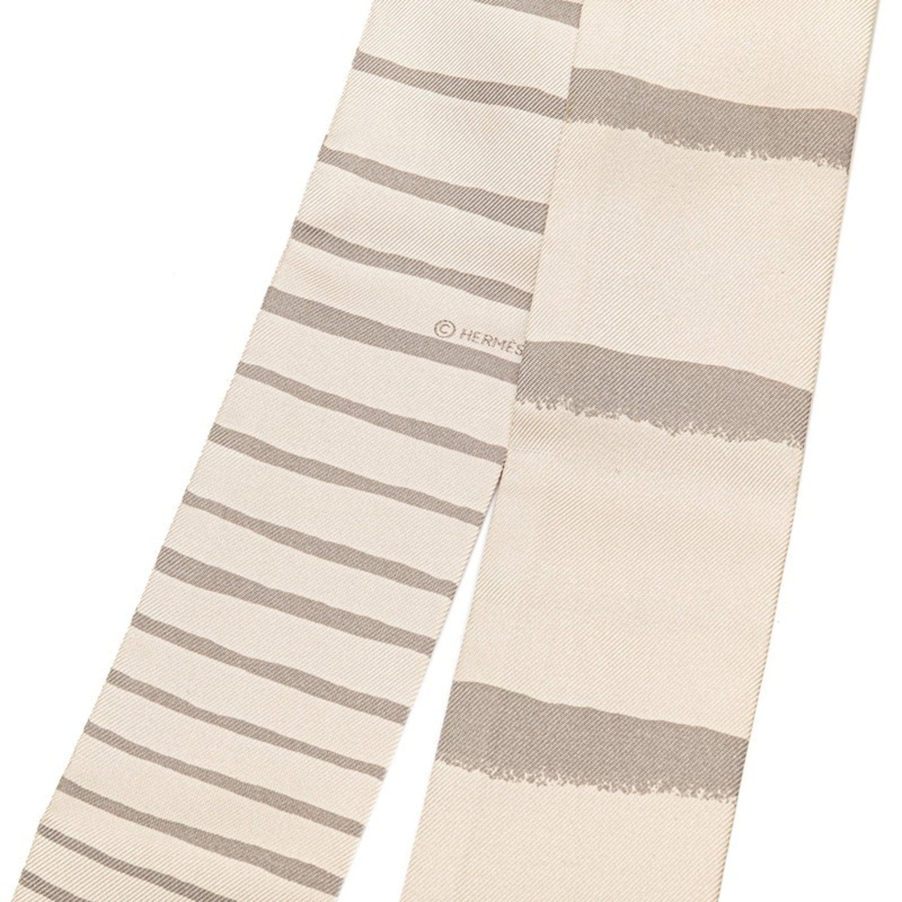 Hermes Twilly Border Scarf, Beige and Gray Silk