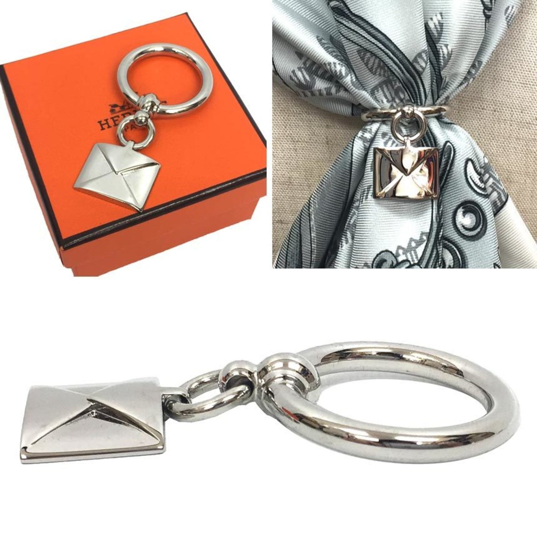 HERMES Letter Motif Scarf Muffler Ring ANNEAU DE CARRE CHARMS Silver