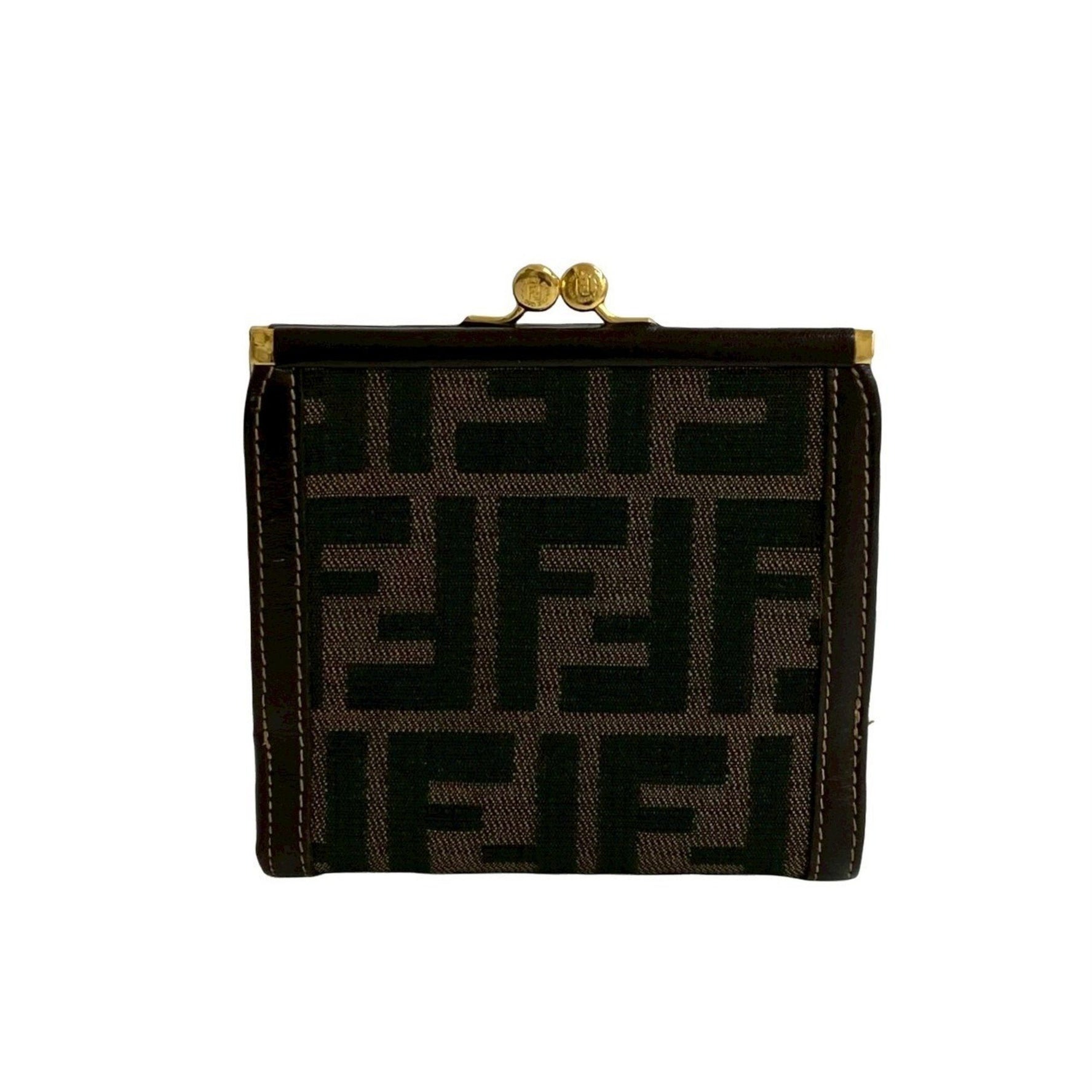 FENDI Zucca FF pattern canvas and leather bifold wallet with clasp closure, mini wallet, brown black