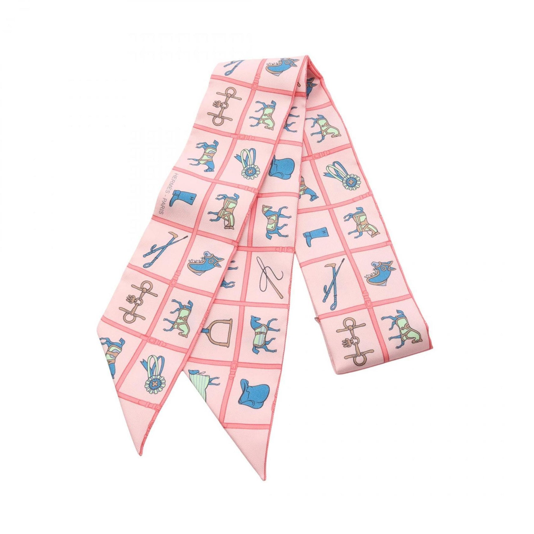 Hermes Hermès Twilly "Couvertures et Tenues de Jour" Rose Blue Veil Silk Scarf in Pink and Multicolor