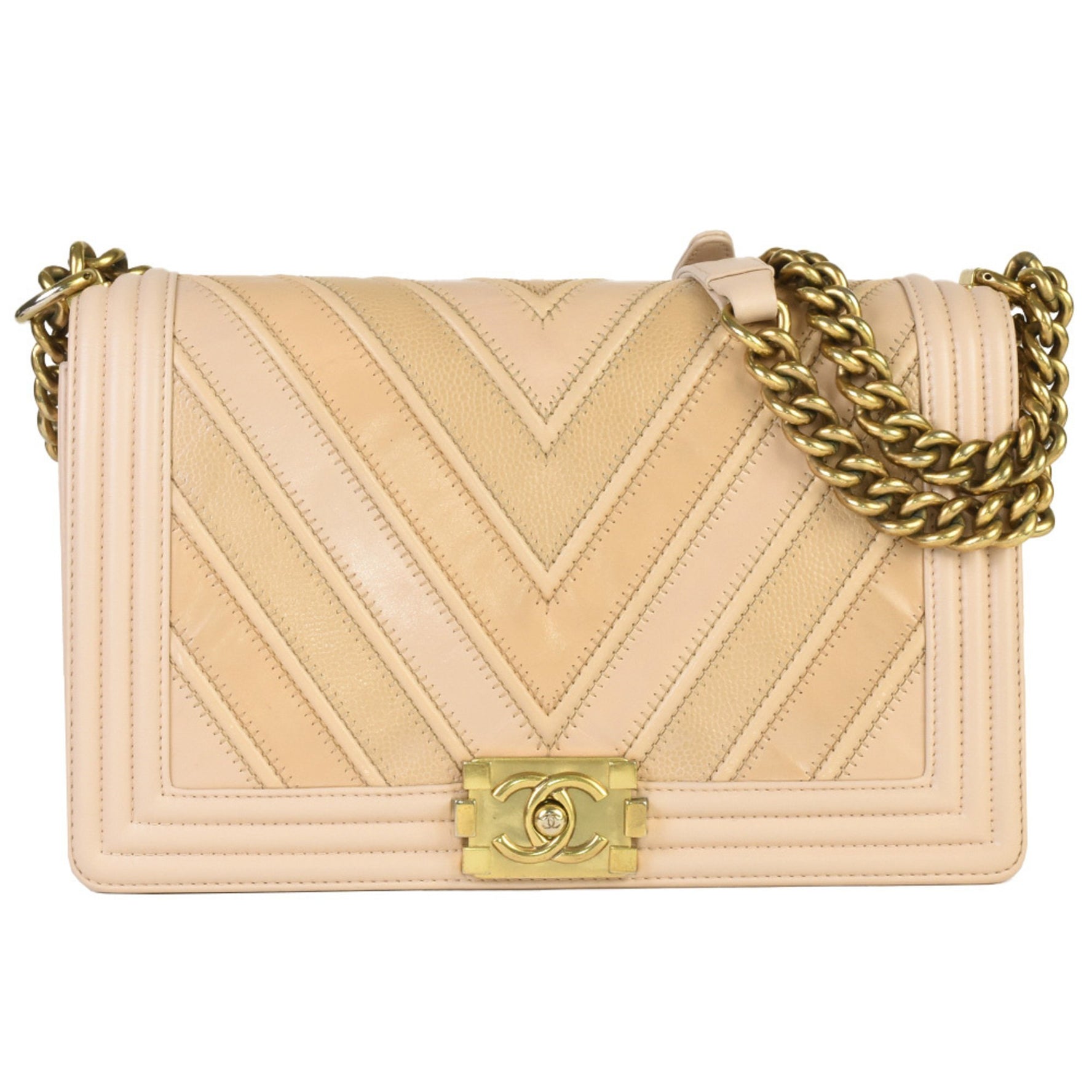 CHANEL Chevron Boy V Stitch Coco Mark Chain Shoulder Bag No. 22 (Made in 2016) Pink Beige Caviar Skin Calf Leather