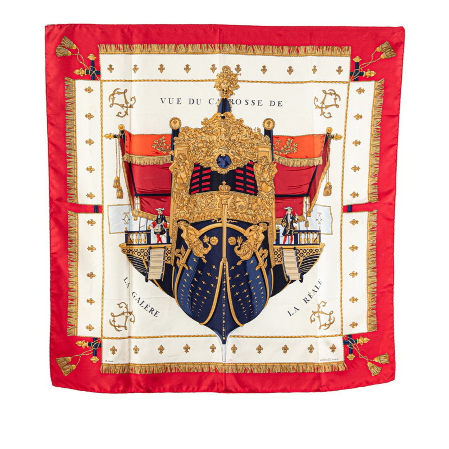 Hermes Hermès Carré 90 "VUE DU CAROSSE DE LA GALERE REALE" Queen's Coronation Scarf, White and Multicolor Silk