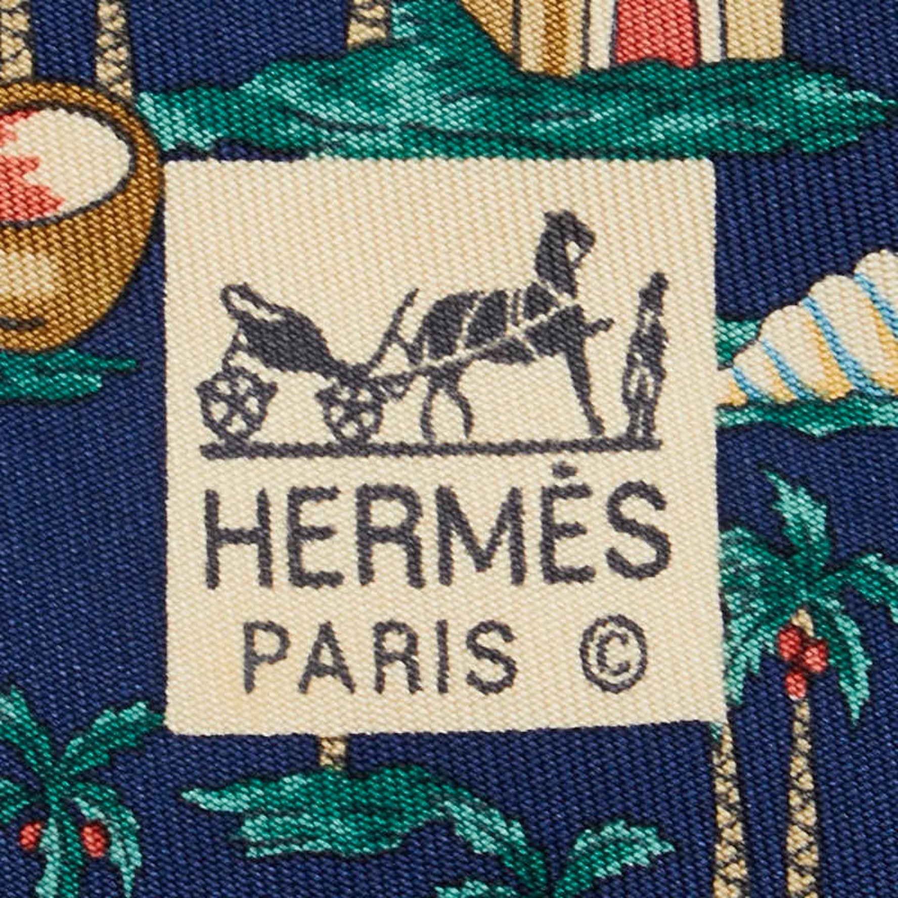 Hermes Palm Tree Coconut Tie, Navy, Green, Multicolor, Silk