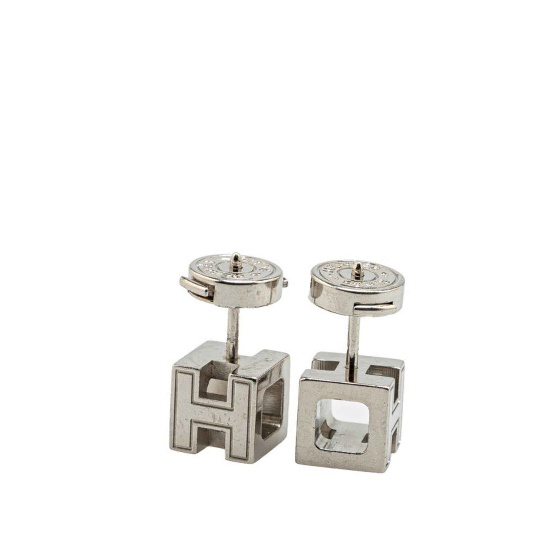 Hermes Cage de H Cube Earrings Silver White Metal